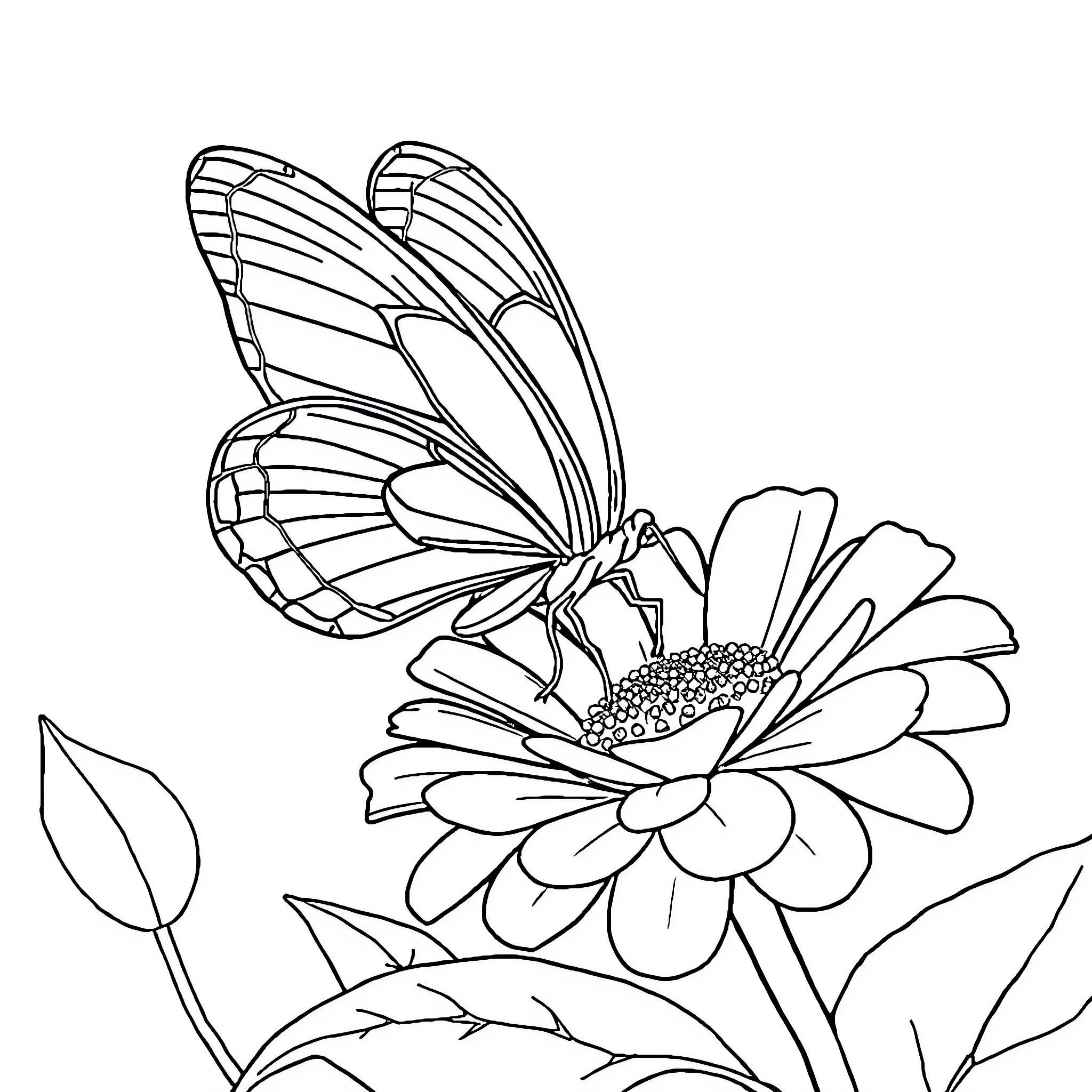 Butterfly resting on a blooming flower Coloring Page (free black-and-white line drawing printable PDF for all, from beginners to advanced learners, including children, teens, adults, and seniors)