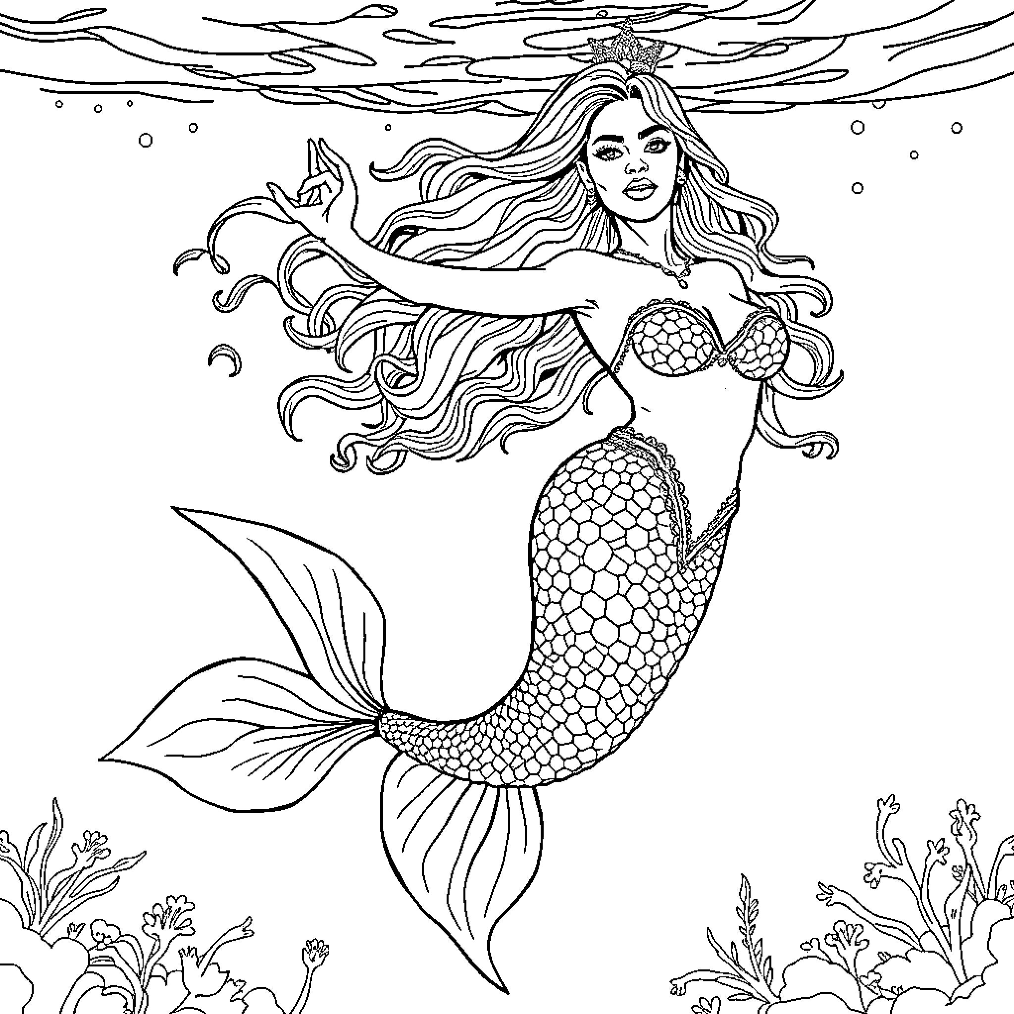 Mermaid Gracefully Swimming in the Ocean Coloring Page (free black-and-white line drawing printable PDF for all, from beginners to advanced learners, including children, teens, adults, and seniors)