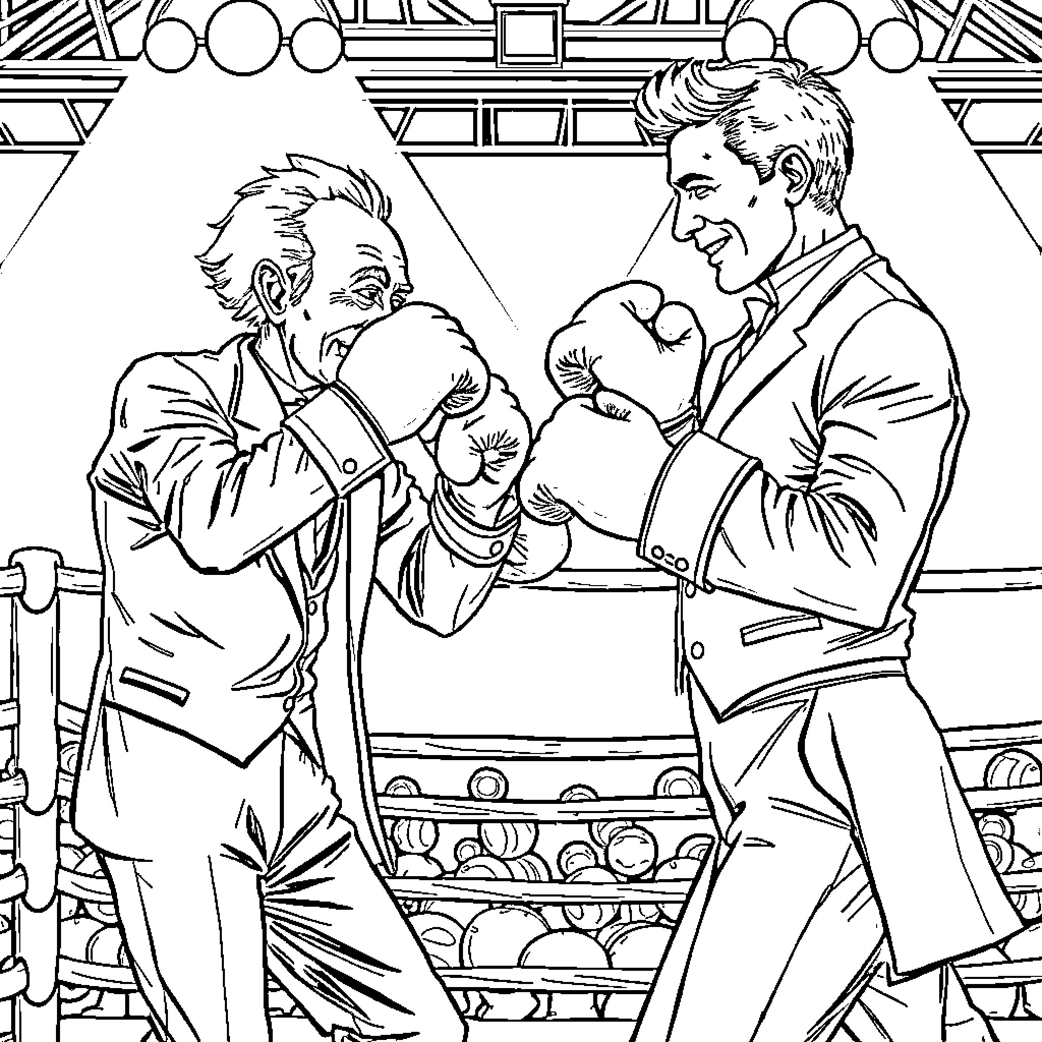 Edison Boxers Compete in Match at Arena Coloring Page (free black-and-white line drawing printable PDF for all, from beginners to advanced learners, including children, teens, adults, and seniors)