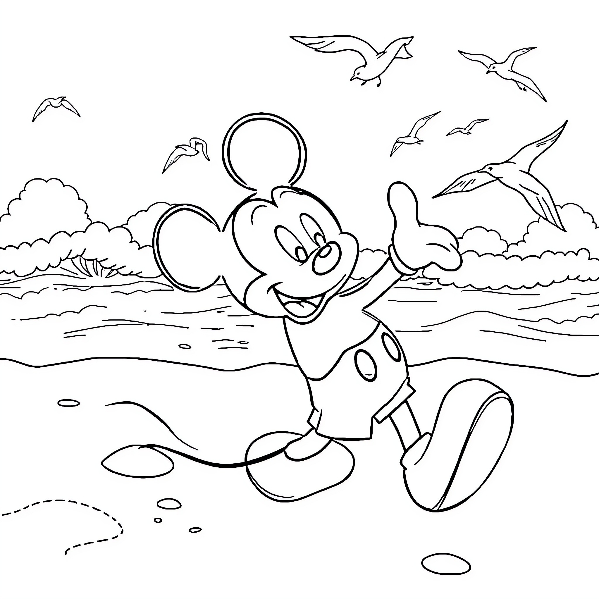 Mickey Mouse Enjoying Beachside Scenery Coloring Page (free black-and-white line drawing printable PDF for all, from beginners to advanced learners, including children, teens, adults, and seniors)