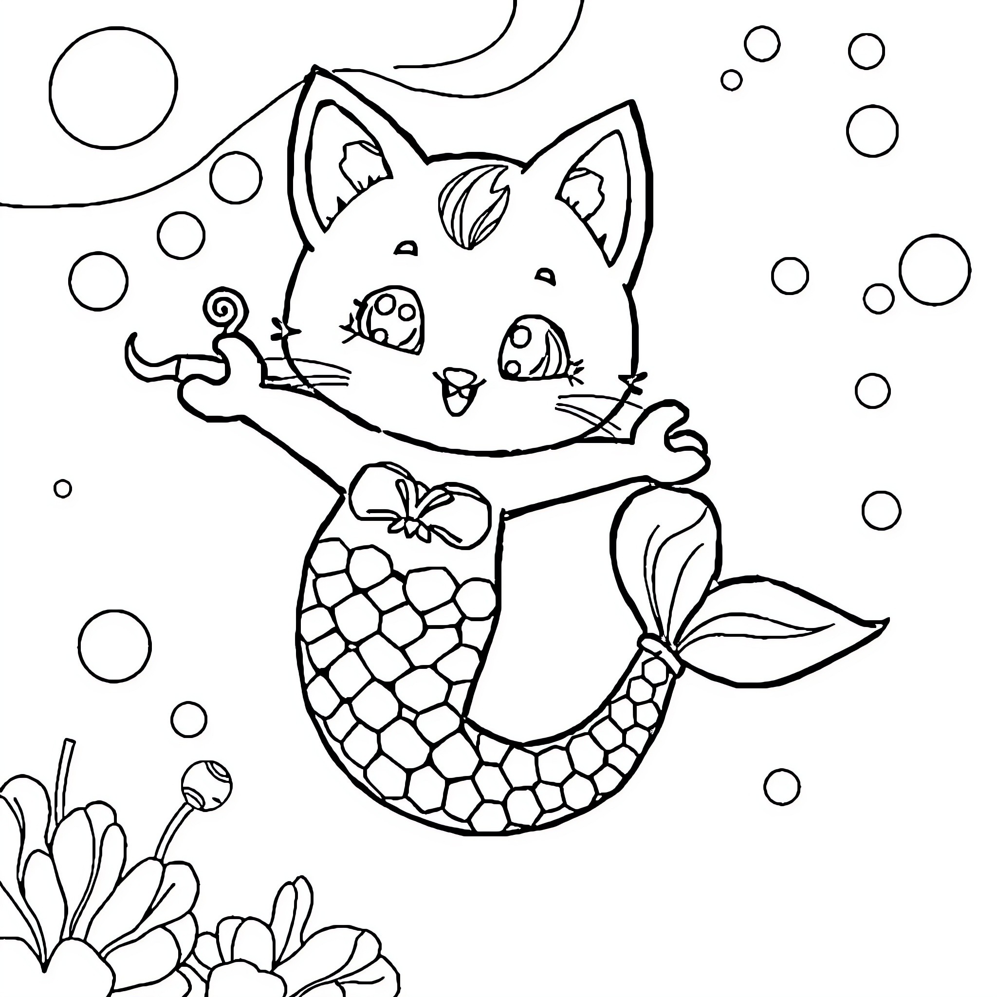 Kitty mermaid playing in the ocean Coloring Page (free black-and-white line drawing printable PDF for all, from beginners to advanced learners, including children, teens, adults, and seniors)