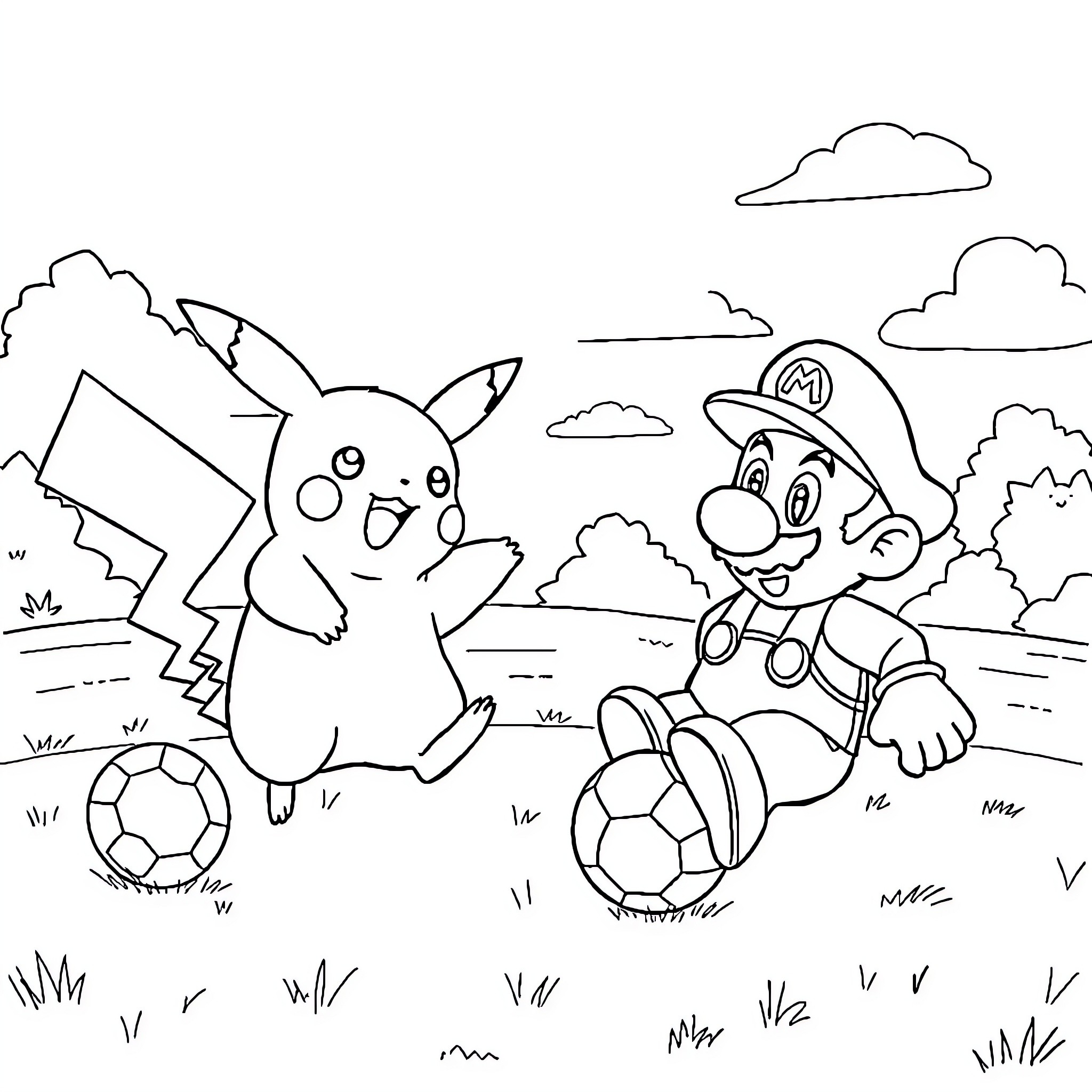 Pikachu and Mario playing soccer in the park Coloring Page (free black-and-white line drawing printable PDF for all, from beginners to advanced learners, including children, teens, adults, and seniors)