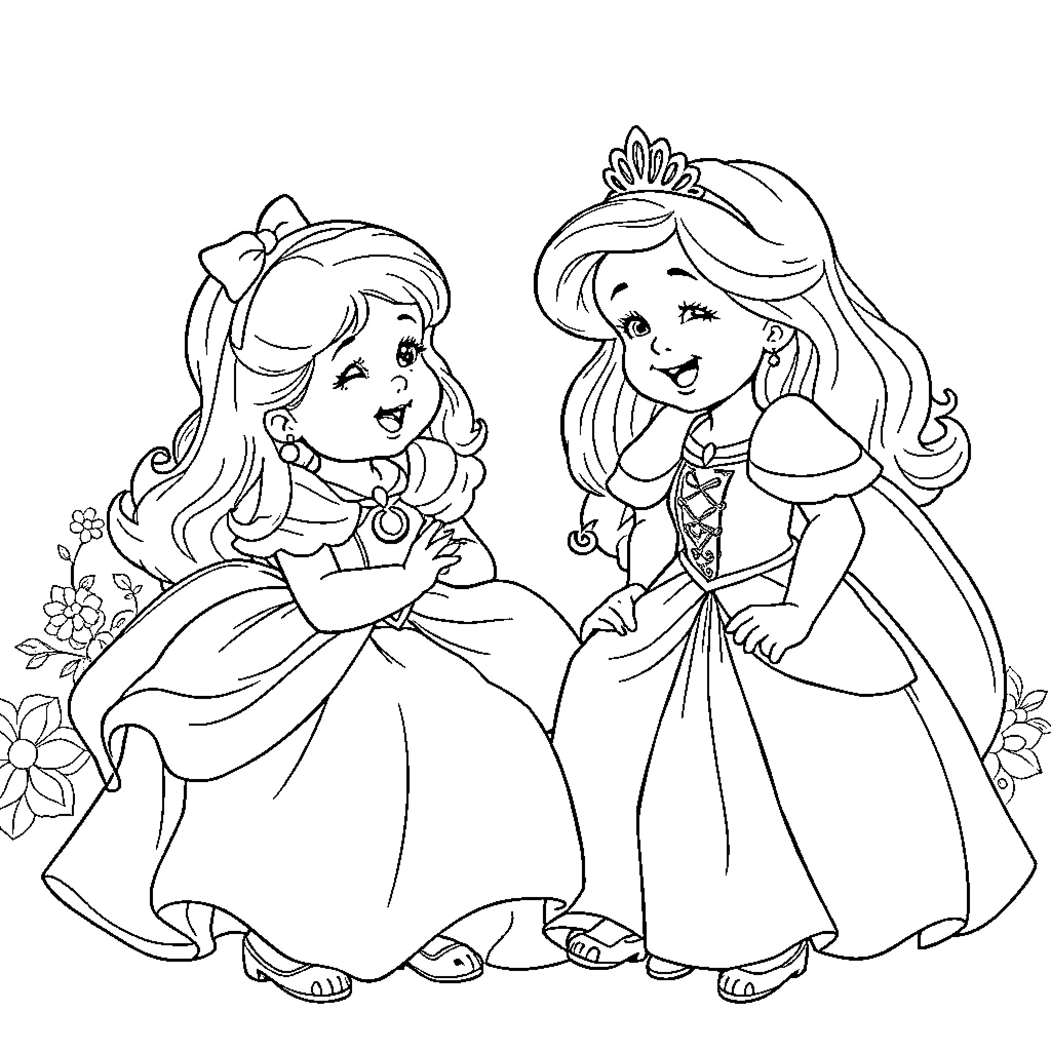 Princess Sisters Exploring Enchanting Surroundings Coloring Page (free black-and-white line drawing printable PDF for all, from beginners to advanced learners, including children, teens, adults, and seniors)