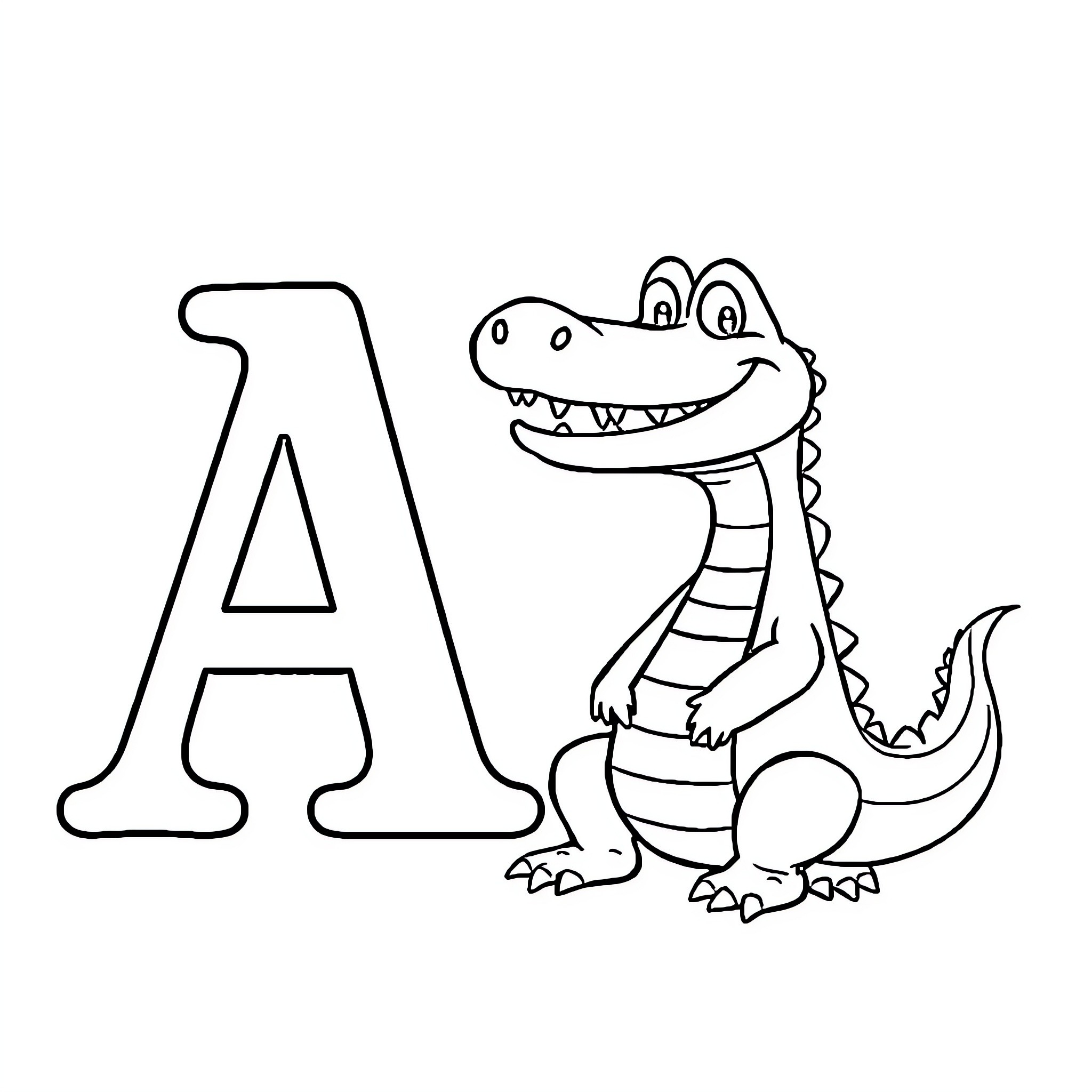 Alligator letter A learning alphabet Coloring Page (free black-and-white line drawing printable PDF for all, from beginners to advanced learners, including children, teens, adults, and seniors)