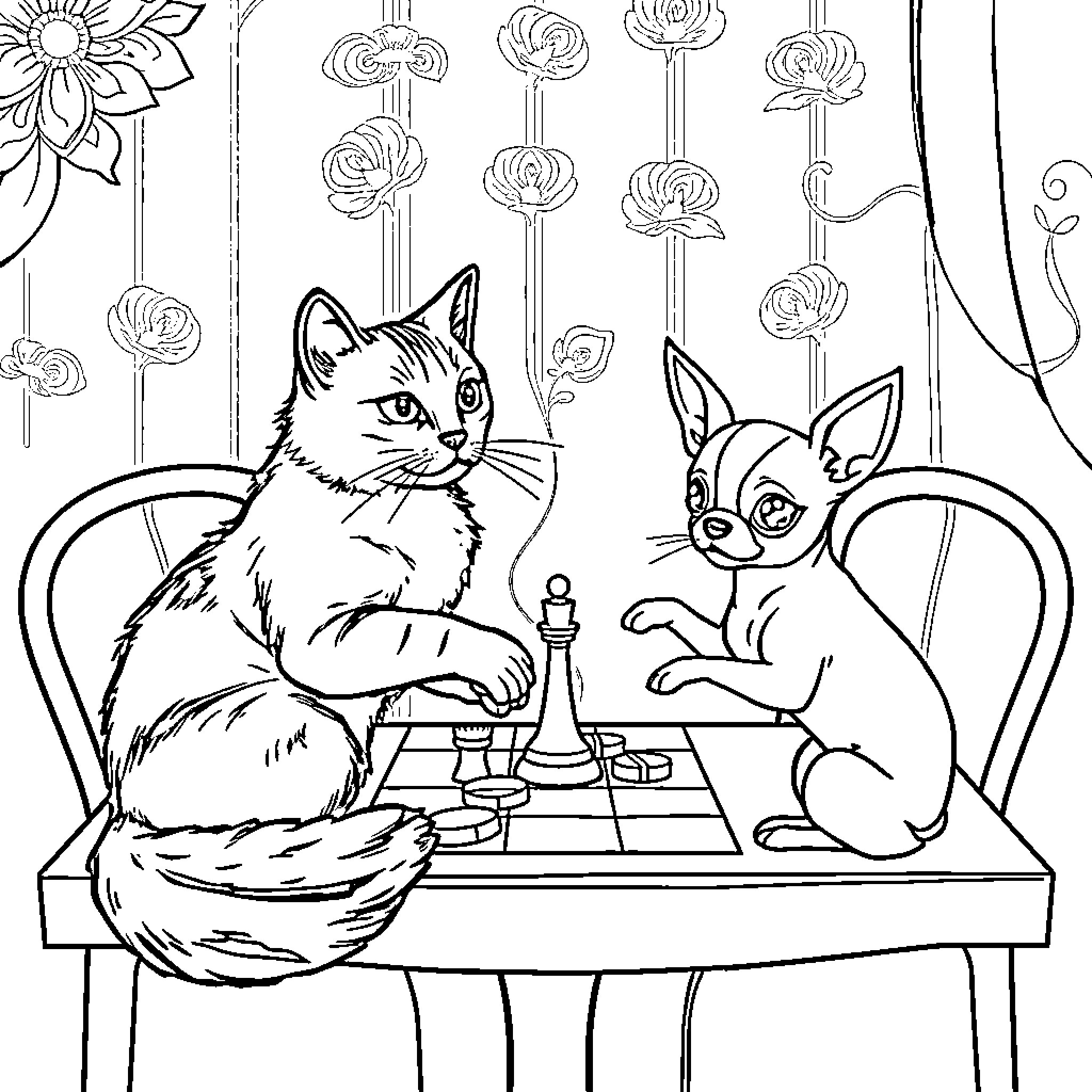 Cats playing chess in floral setting Coloring Page (free black-and-white line drawing printable PDF for all, from beginners to advanced learners, including children, teens, adults, and seniors)