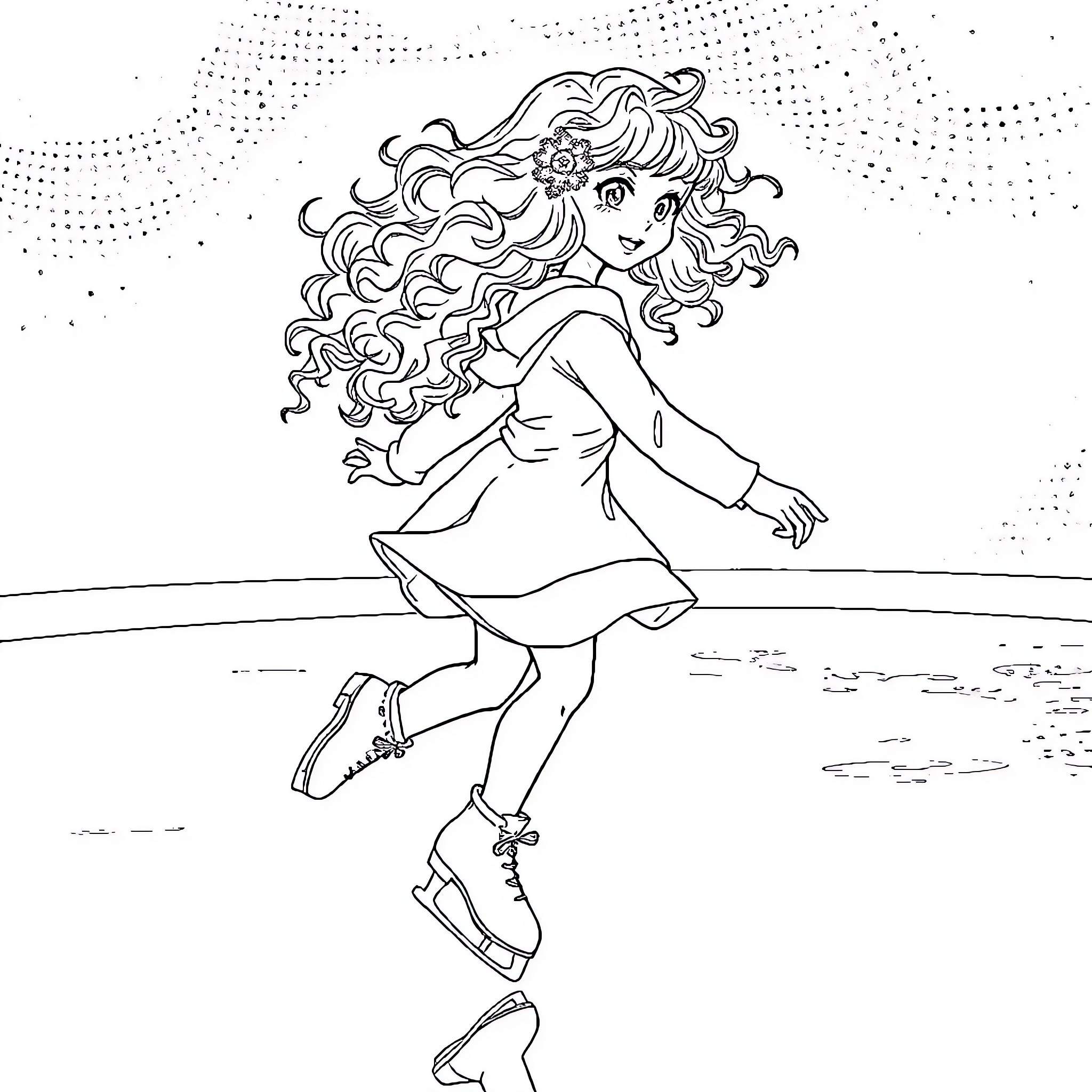 Anime Girl skating joyfully on a pond Coloring Page (free black-and-white line drawing printable PDF for all, from beginners to advanced learners, including children, teens, adults, and seniors)