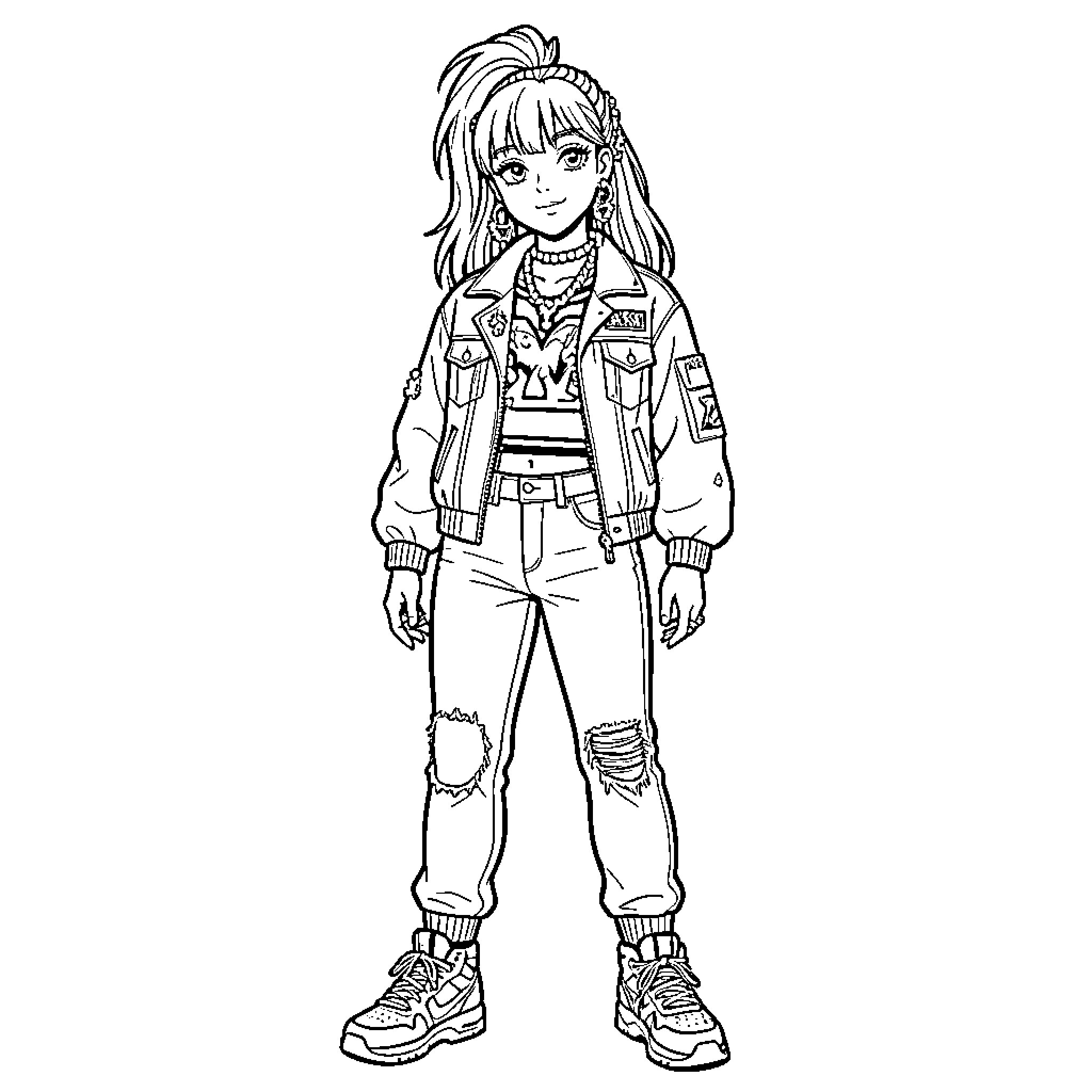 Y2K Girl posing in trendy streetwear and jacket Coloring Page (free black-and-white line drawing printable PDF for all, from beginners to advanced learners, including children, teens, adults, and seniors)