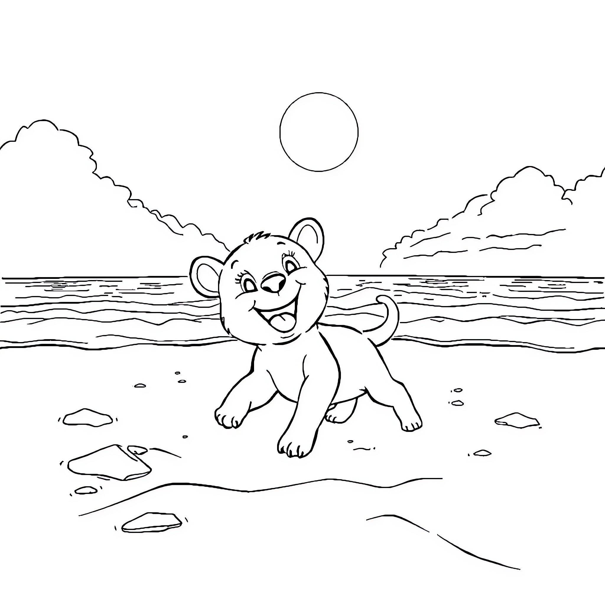 Labubu playing happily by the beach Coloring Page (free black-and-white line drawing printable PDF for all, from beginners to advanced learners, including children, teens, adults, and seniors)