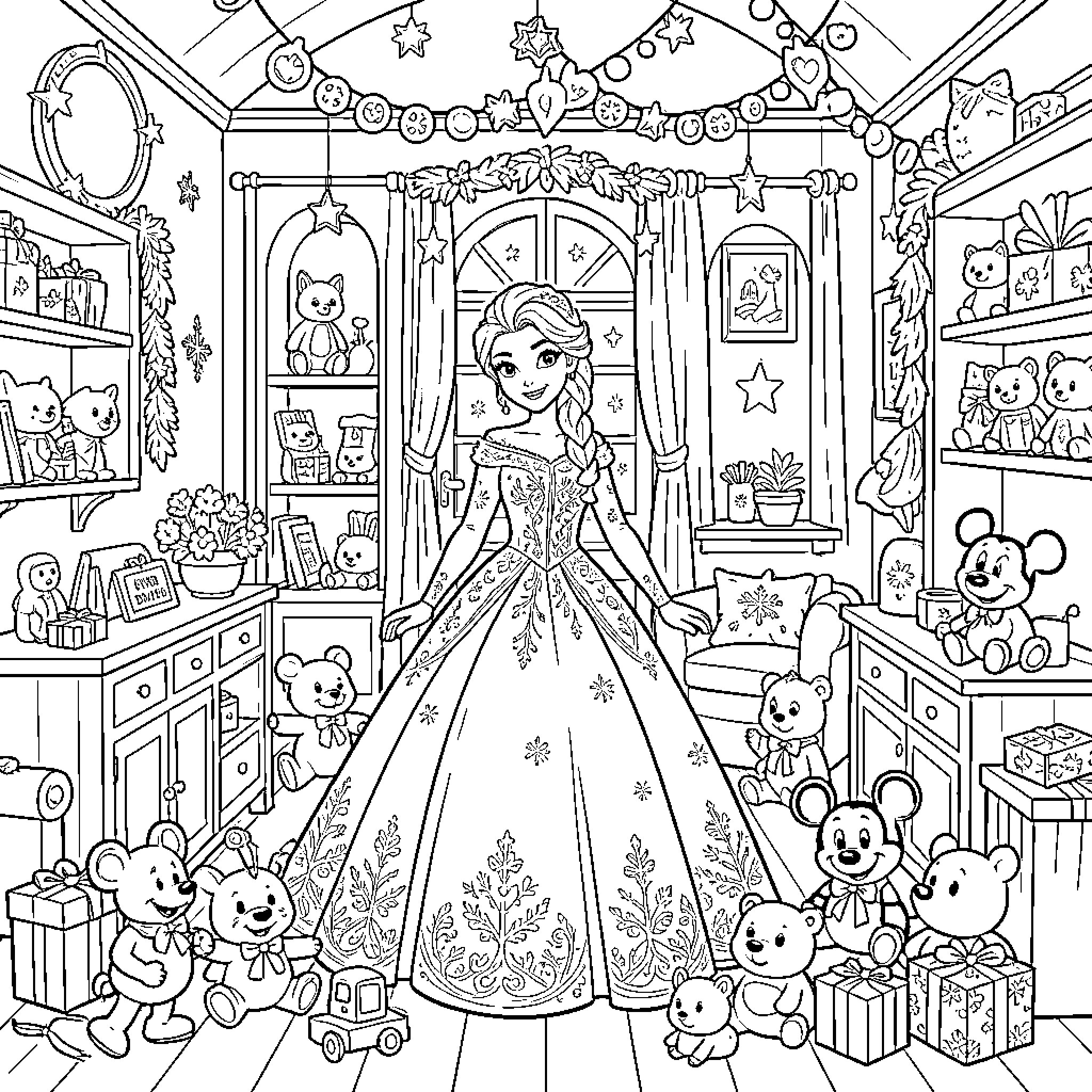 Snow Queen standing amidst many cute stuffed animals Coloring Page (free black-and-white line drawing printable PDF for all, from beginners to advanced learners, including children, teens, adults, and seniors)