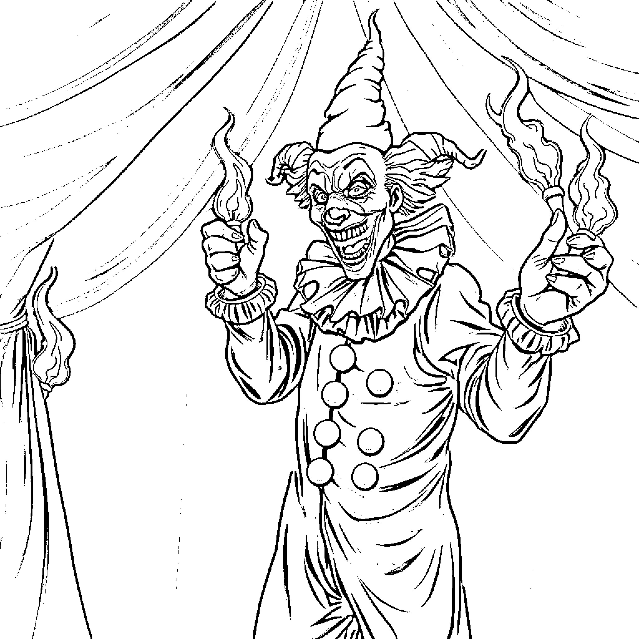 Clown performing with fire torches in the circus Coloring Page (free black-and-white line drawing printable PDF for all, from beginners to advanced learners, including children, teens, adults, and seniors)