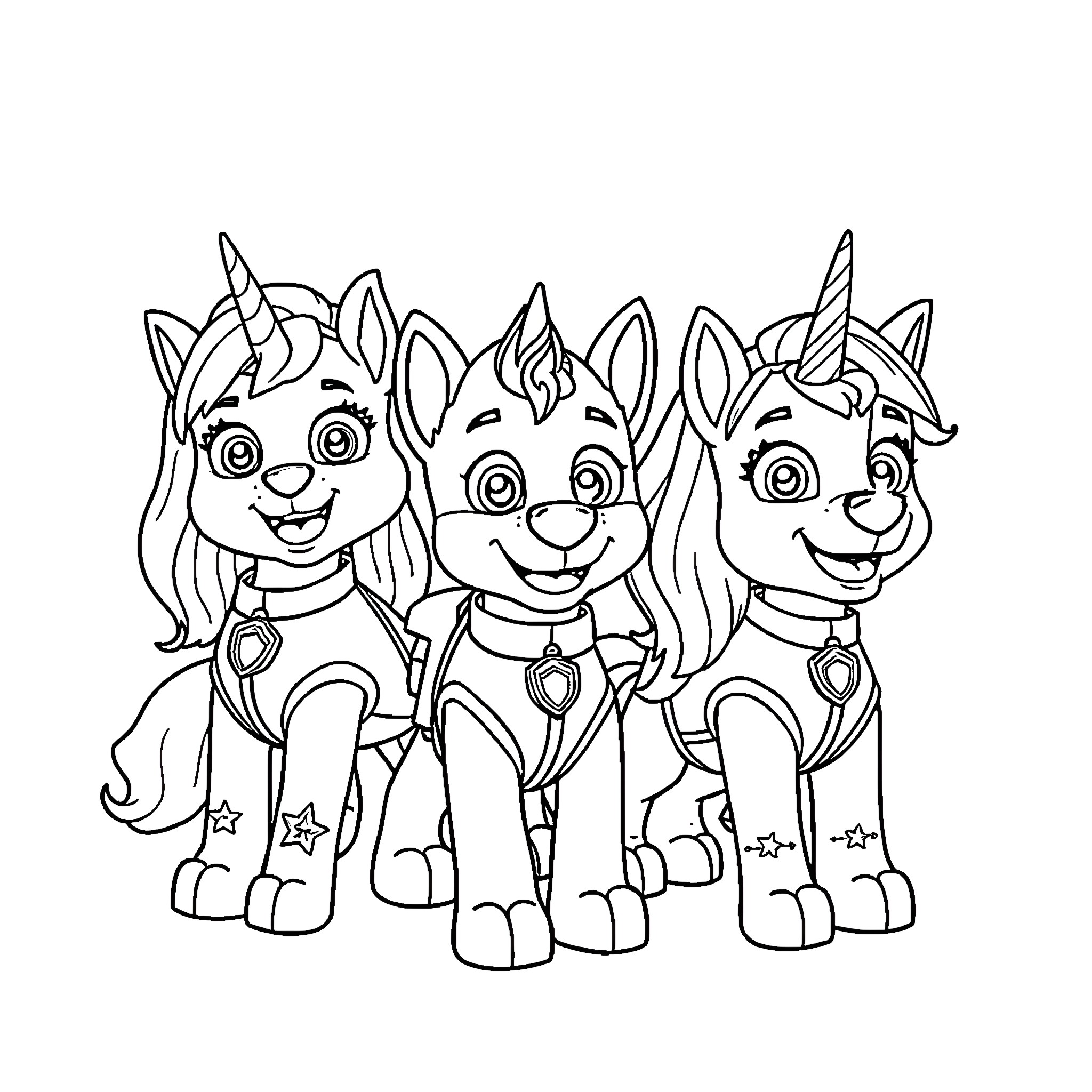 Paw Patrol Unicorn Pups Having Fun Together Coloring Page (free black-and-white line drawing printable PDF for all, from beginners to advanced learners, including children, teens, adults, and seniors)