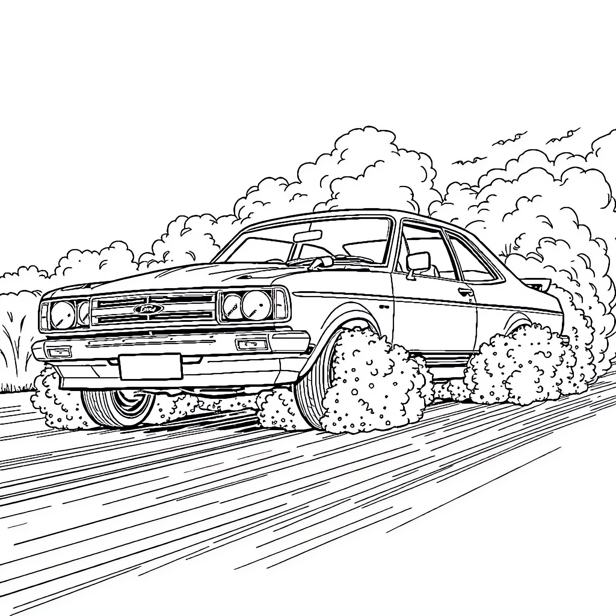 Ford Escort speeding through the countryside Coloring Page (free black-and-white line drawing printable PDF for all, from beginners to advanced learners, including children, teens, adults, and seniors)