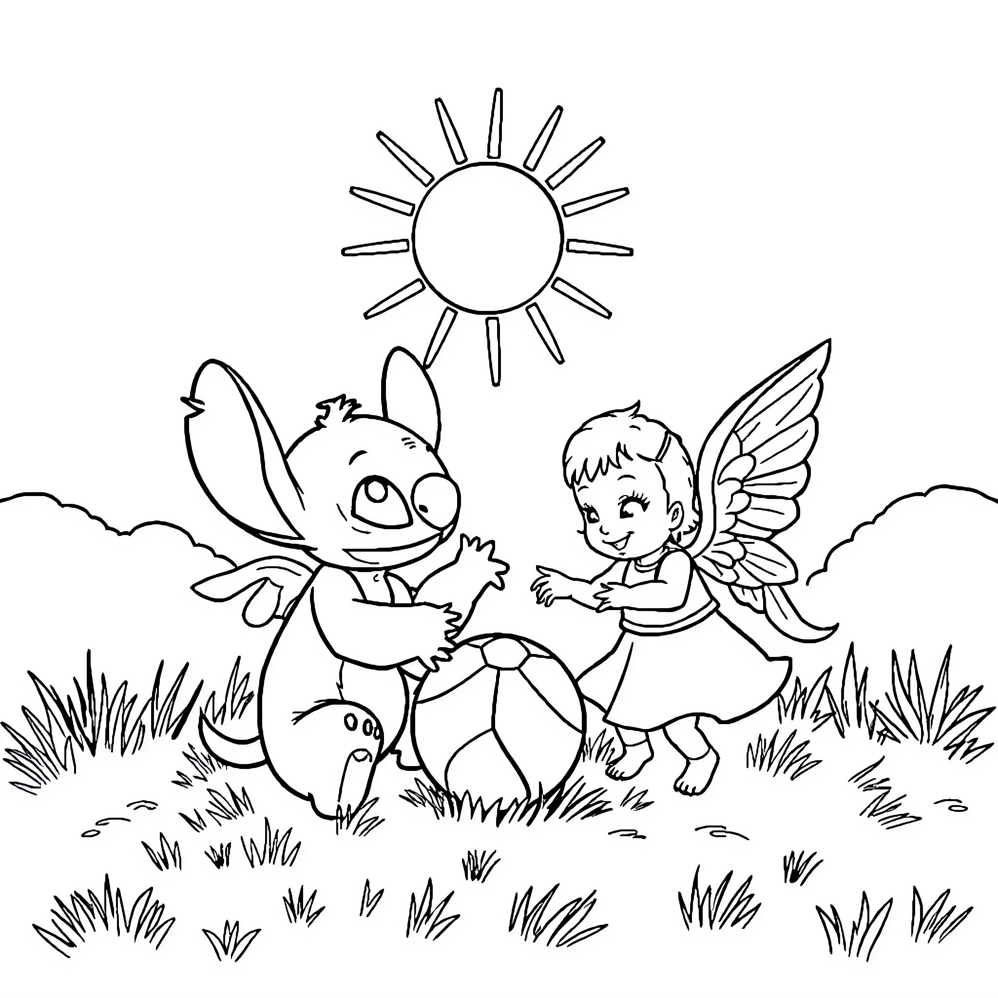 Stitch and fairy playing in the meadow Coloring Page (free black-and-white line drawing printable PDF for all, from beginners to advanced learners, including children, teens, adults, and seniors)