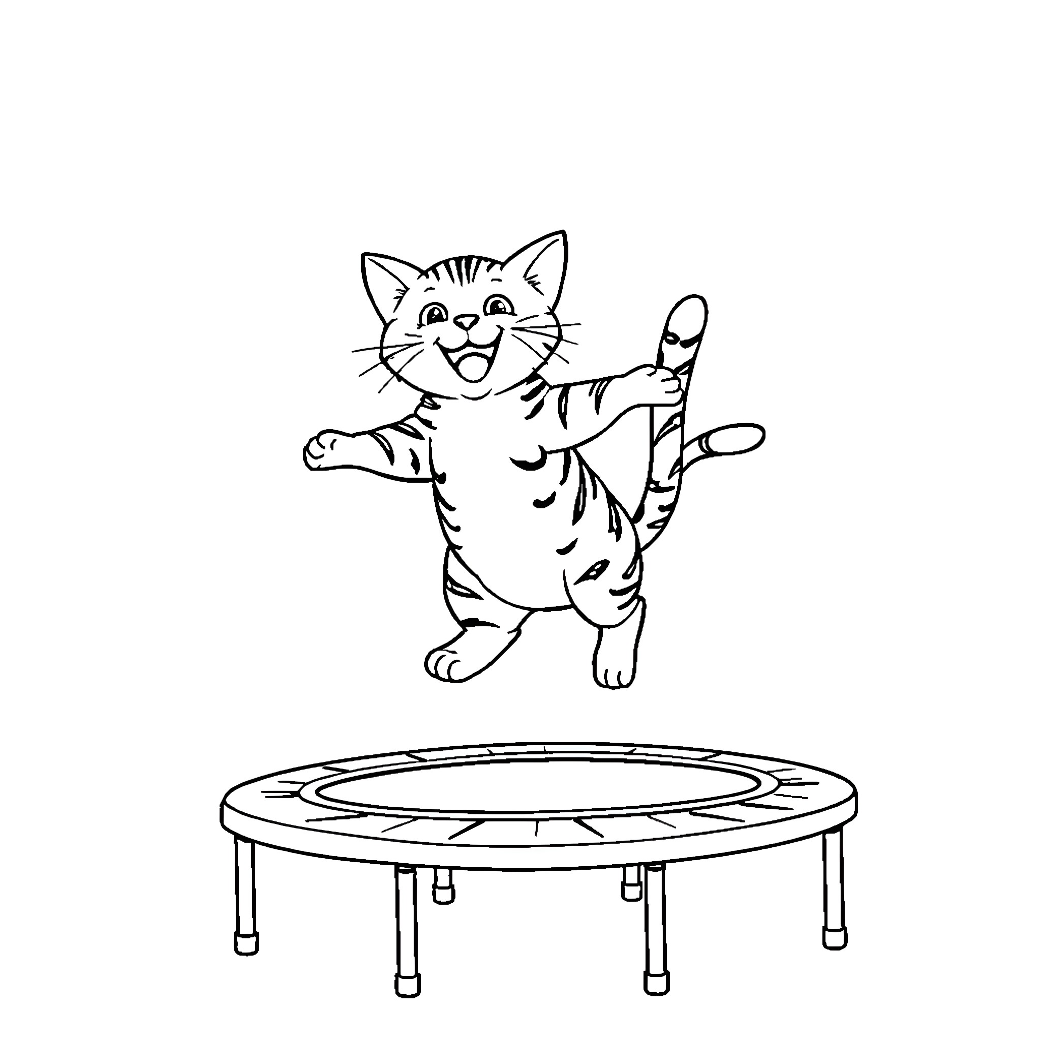 Cat jumping happily on trampoline Coloring Page (free black-and-white line drawing printable PDF for all, from beginners to advanced learners, including children, teens, adults, and seniors)