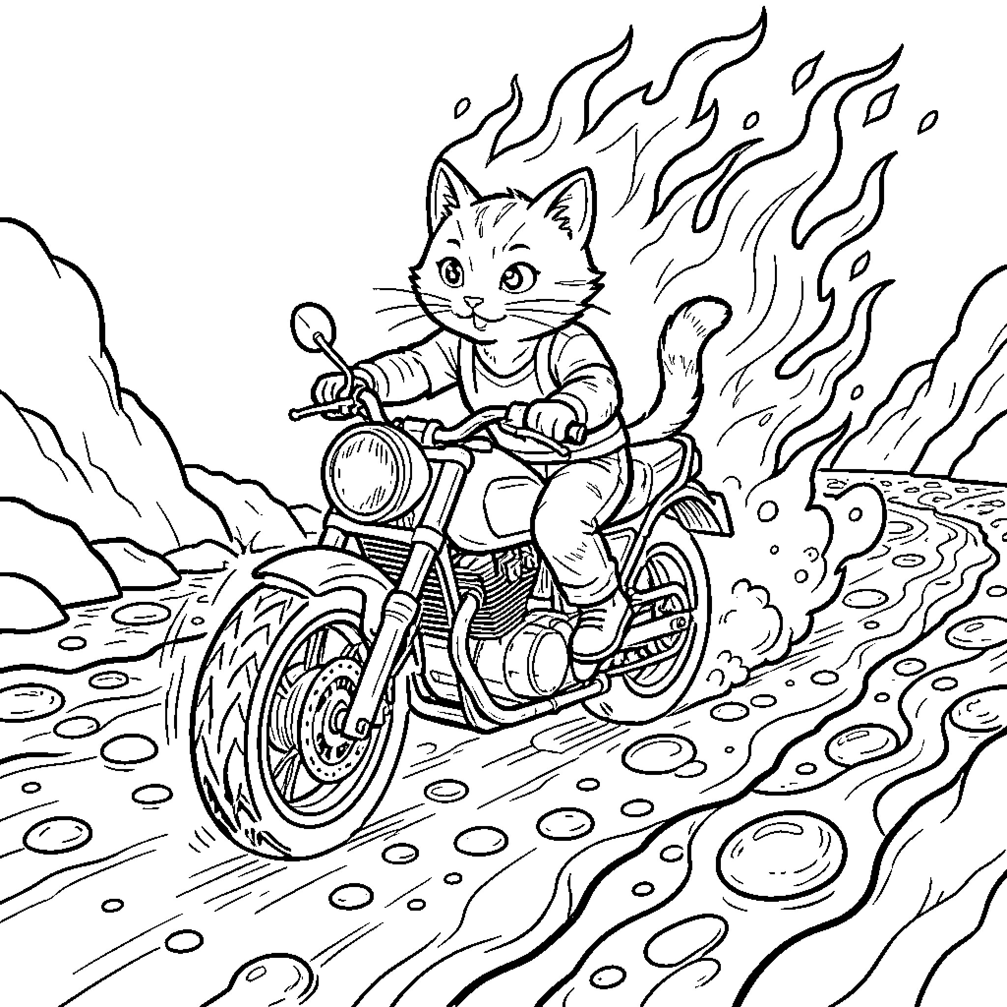 Gato riding motorcycle through fiery landscape Coloring Page (free black-and-white line drawing printable PDF for all, from beginners to advanced learners, including children, teens, adults, and seniors)