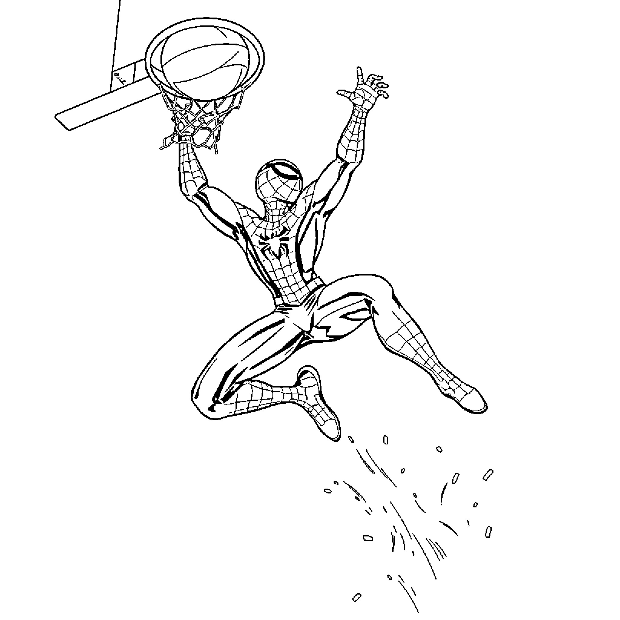 Spider-Man Dunking Basketball with Enthusiasm Coloring Page (free black-and-white line drawing printable PDF for all, from beginners to advanced learners, including children, teens, adults, and seniors)