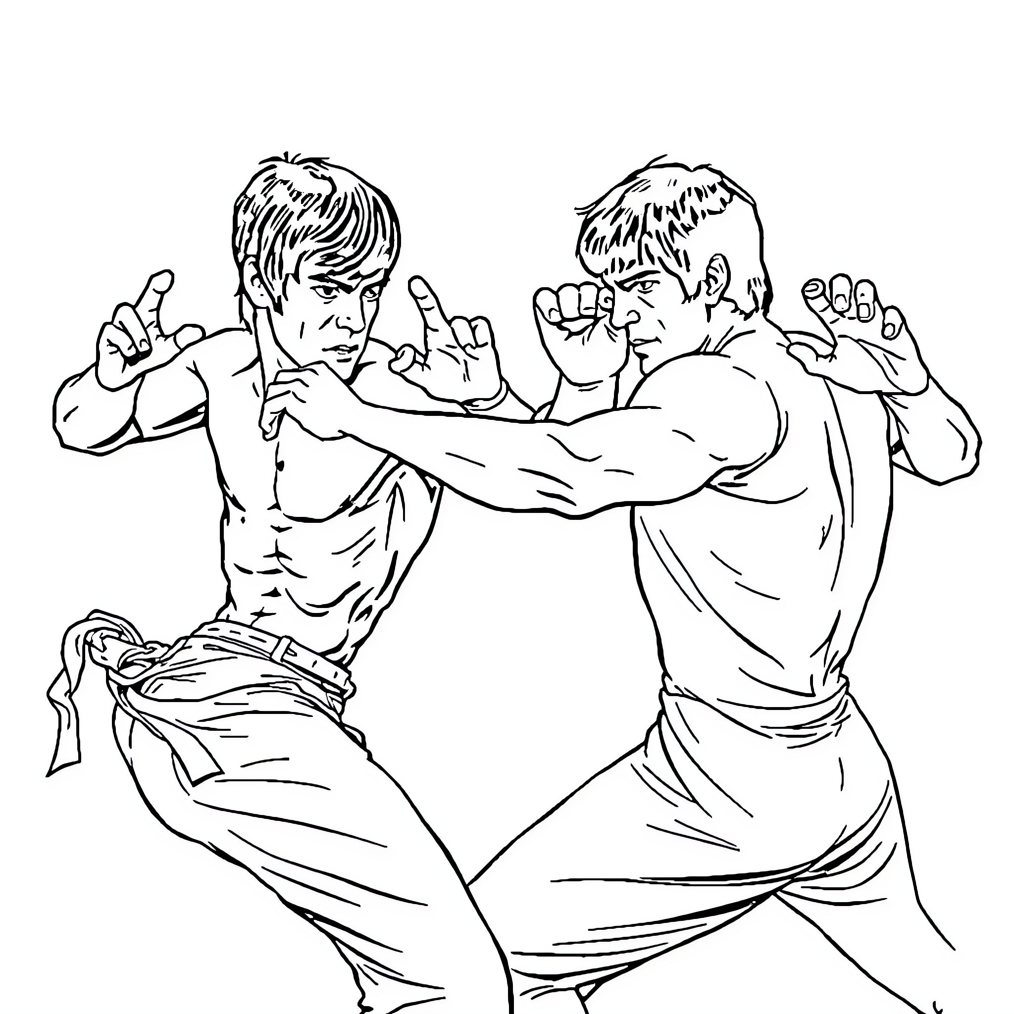 Bruce Lee's Fierce Martial Arts Demonstration Coloring Page (free black-and-white line drawing printable PDF for all, from beginners to advanced learners, including children, teens, adults, and seniors)