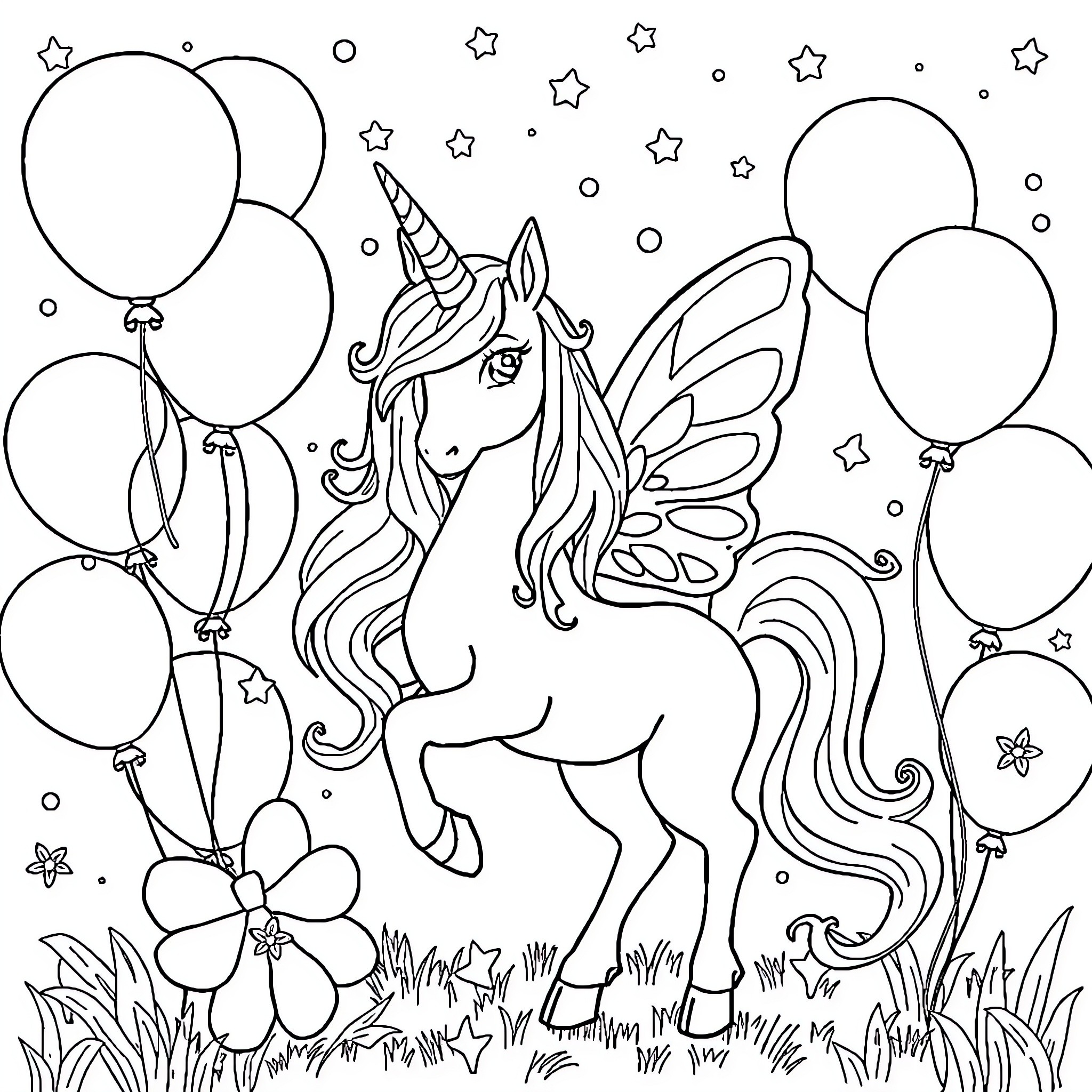 Unicorn Fairy with Balloons and Flowers Coloring Page (free black-and-white line drawing printable PDF for all, from beginners to advanced learners, including children, teens, adults, and seniors)