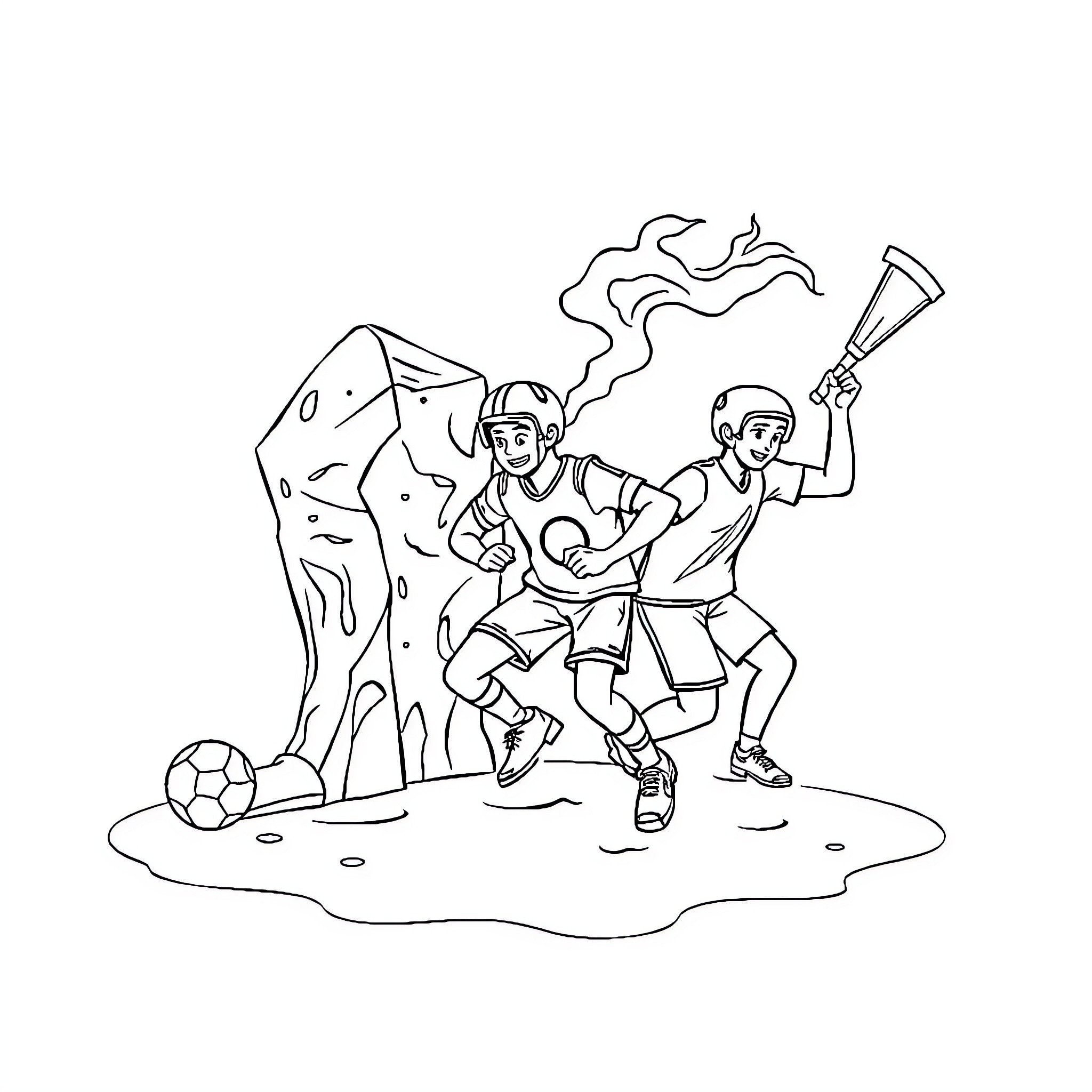 State of Matter: Children Playing Soccer with a Monster Coloring Page (free black-and-white line drawing printable PDF for all, from beginners to advanced learners, including children, teens, adults, and seniors)