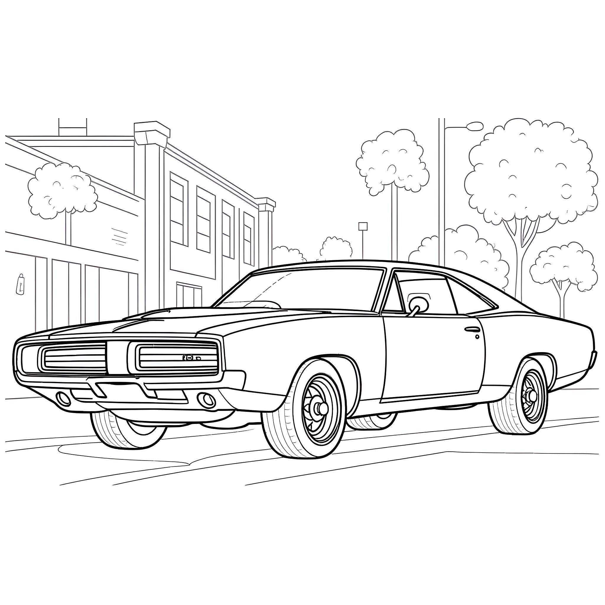 Dodge Charger RT speeding down the city street Coloring Page (free black-and-white line drawing printable PDF for all, from beginners to advanced learners, including children, teens, adults, and seniors)