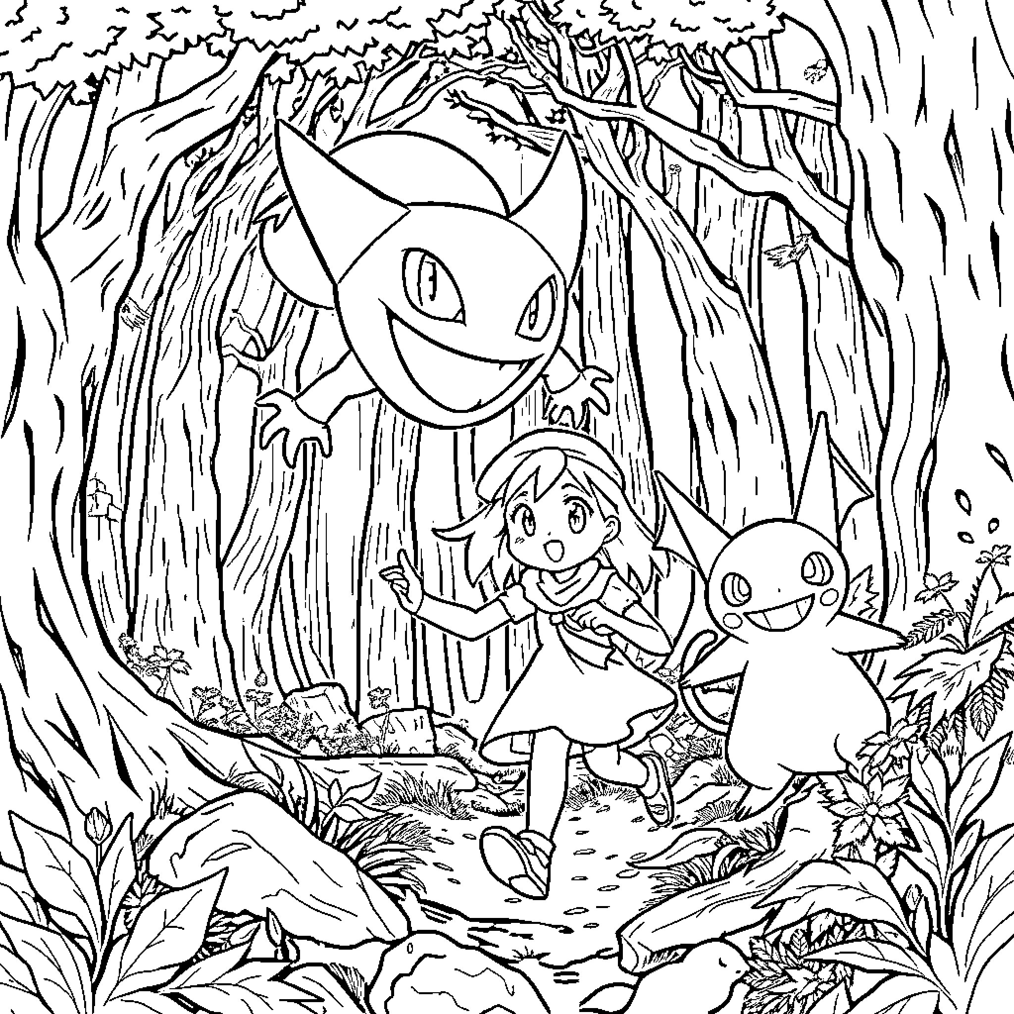 Girl exploring enchanted forest with fantasy creatures Coloring Page (free black-and-white line drawing printable PDF for all, from beginners to advanced learners, including children, teens, adults, and seniors)