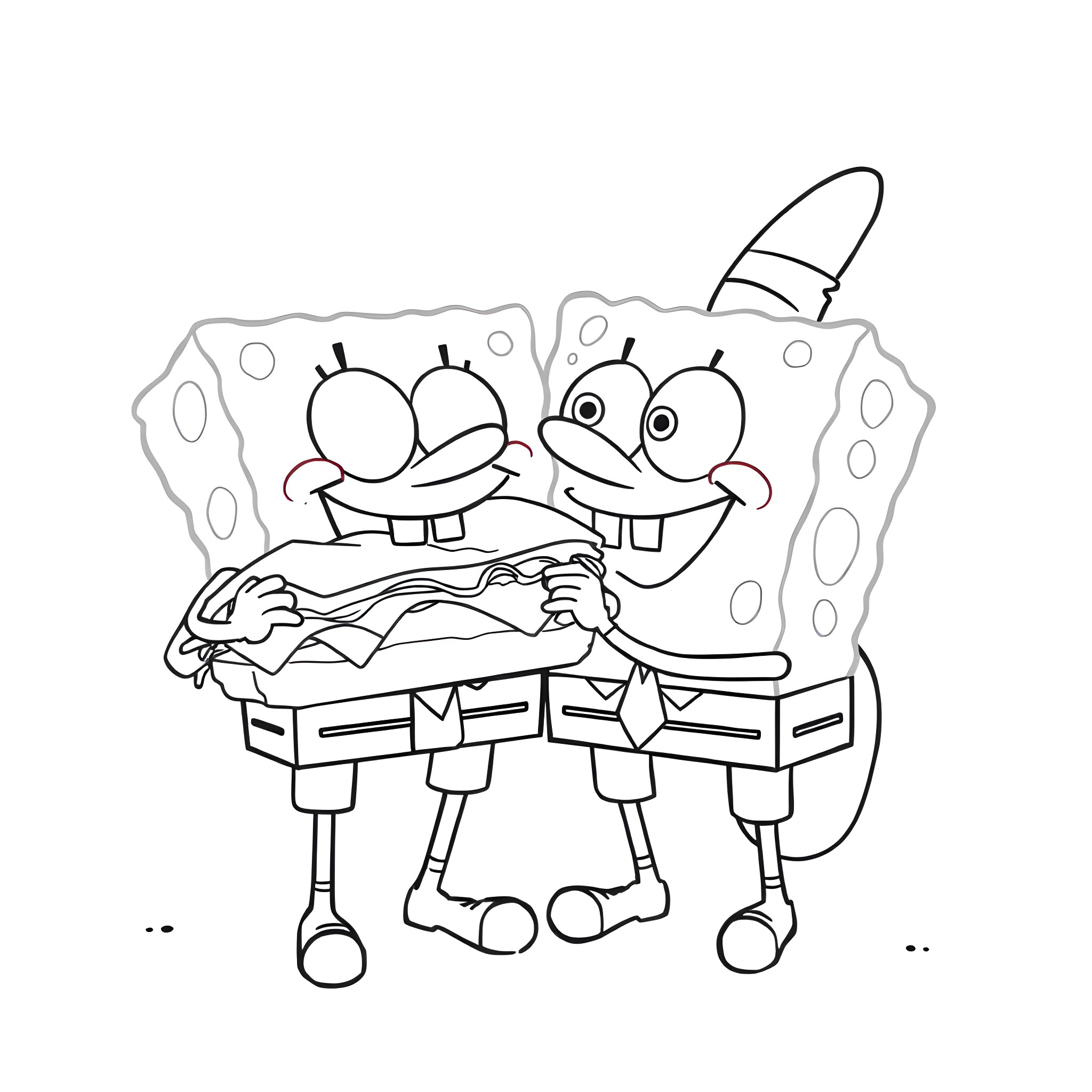 Spongebob and Patrick enjoying a tasty snack Coloring Page (free black-and-white line drawing printable PDF for all, from beginners to advanced learners, including children, teens, adults, and seniors)