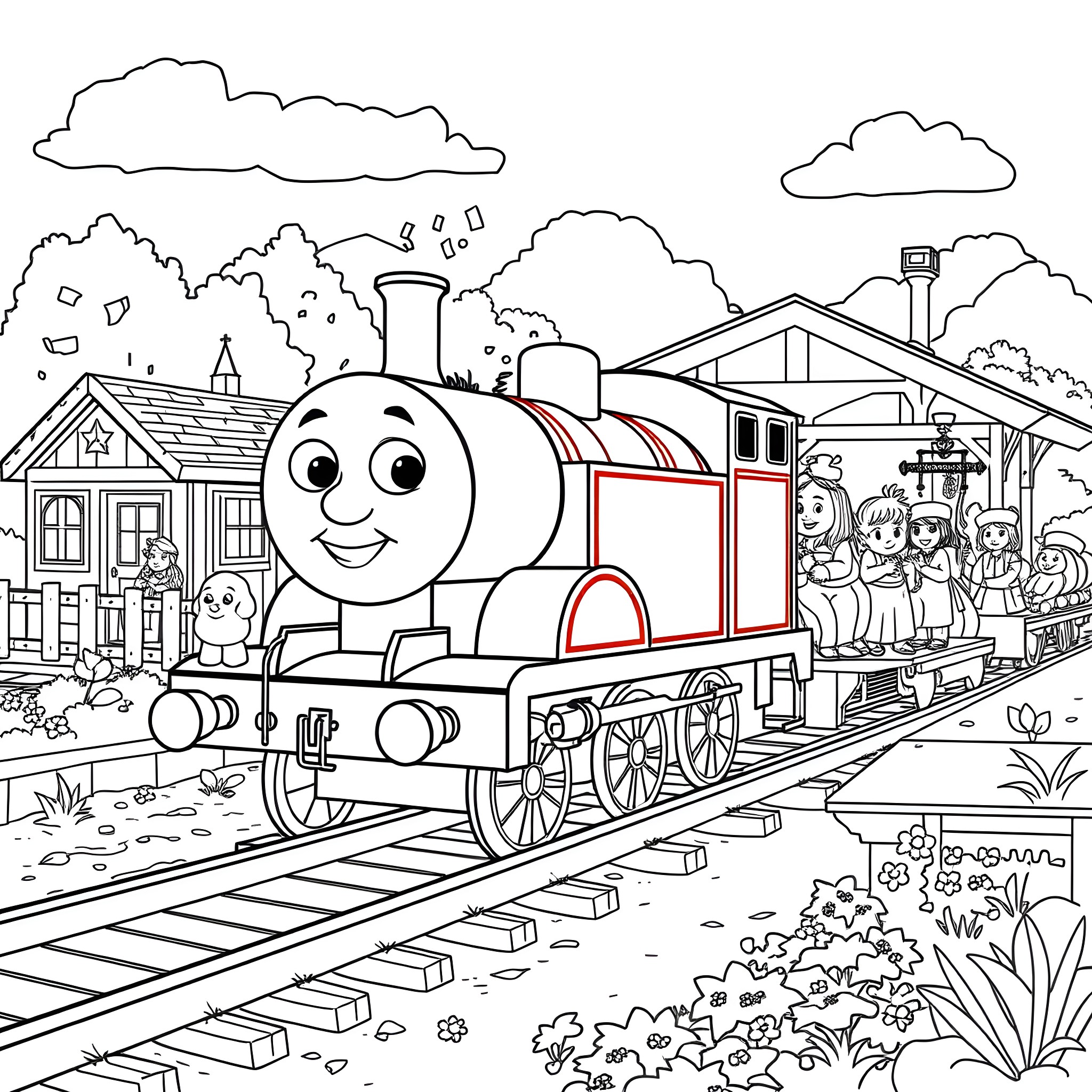 Thomas the Train in a Happy Railroad Scene Coloring Page (free black-and-white line drawing printable PDF for all, from beginners to advanced learners, including children, teens, adults, and seniors)