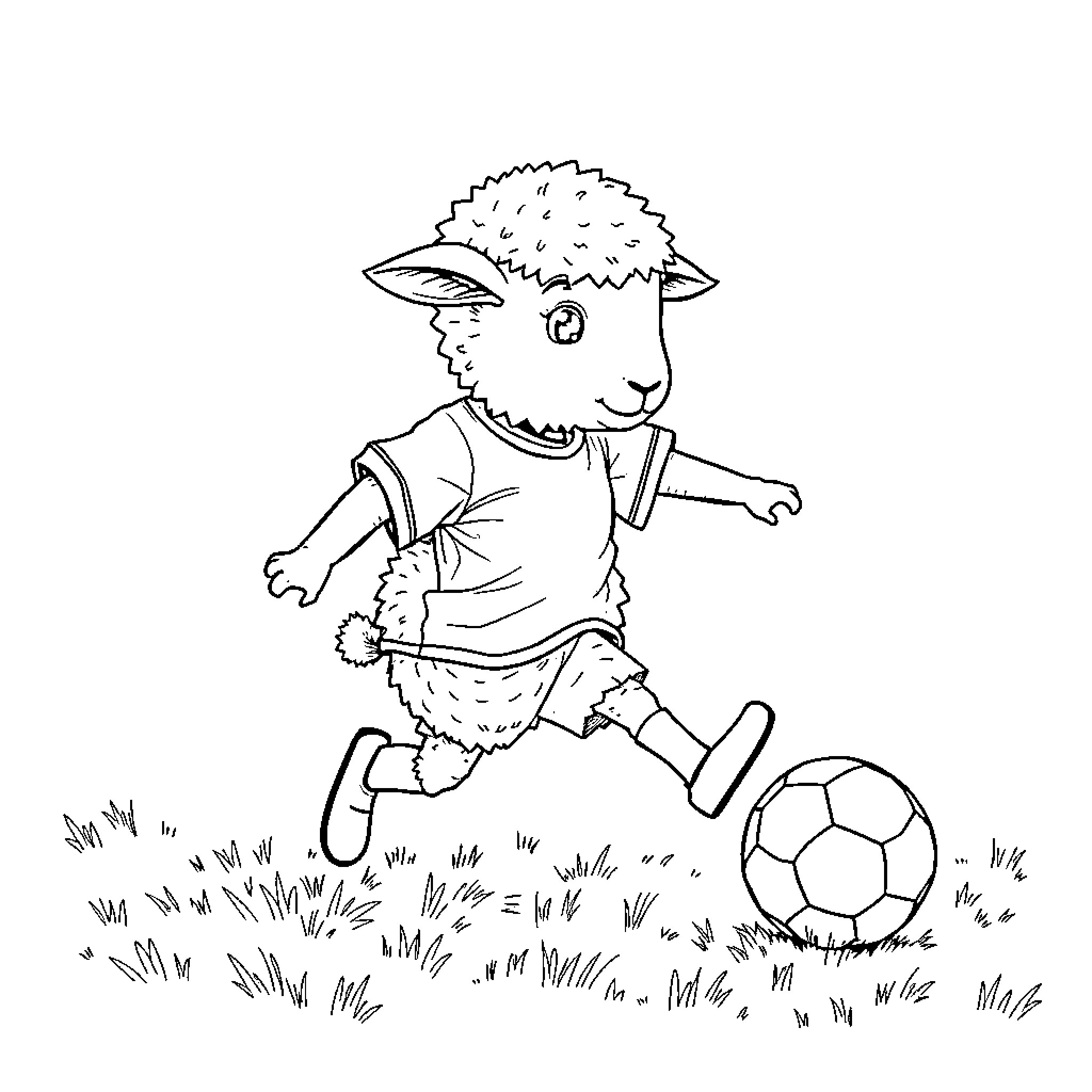 Sheep playing soccer on a grassy field Coloring Page (free black-and-white line drawing printable PDF for all, from beginners to advanced learners, including children, teens, adults, and seniors)