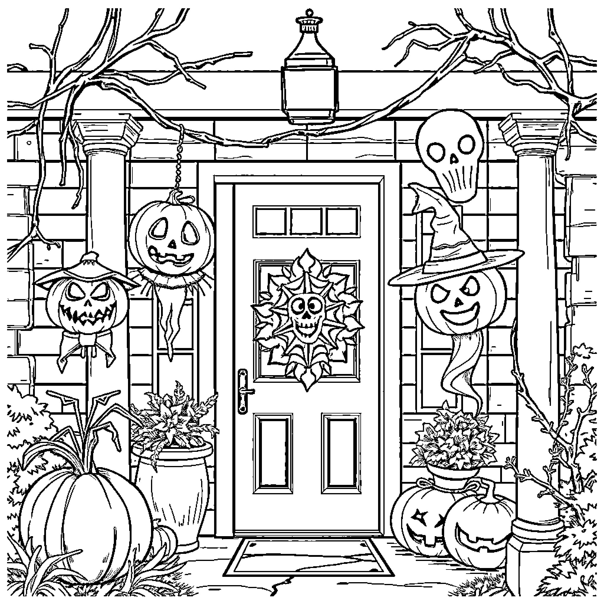 Halloween Decorations and Jack-o'-lanterns at Entrance Coloring Page (free black-and-white line drawing printable PDF for all, from beginners to advanced learners, including children, teens, adults, and seniors)