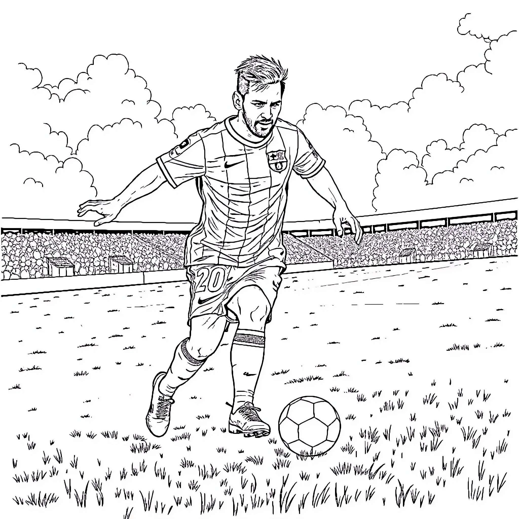Lionel Messi dribbling the ball on the field Coloring Page (free black-and-white line drawing printable PDF for all, from beginners to advanced learners, including children, teens, adults, and seniors)