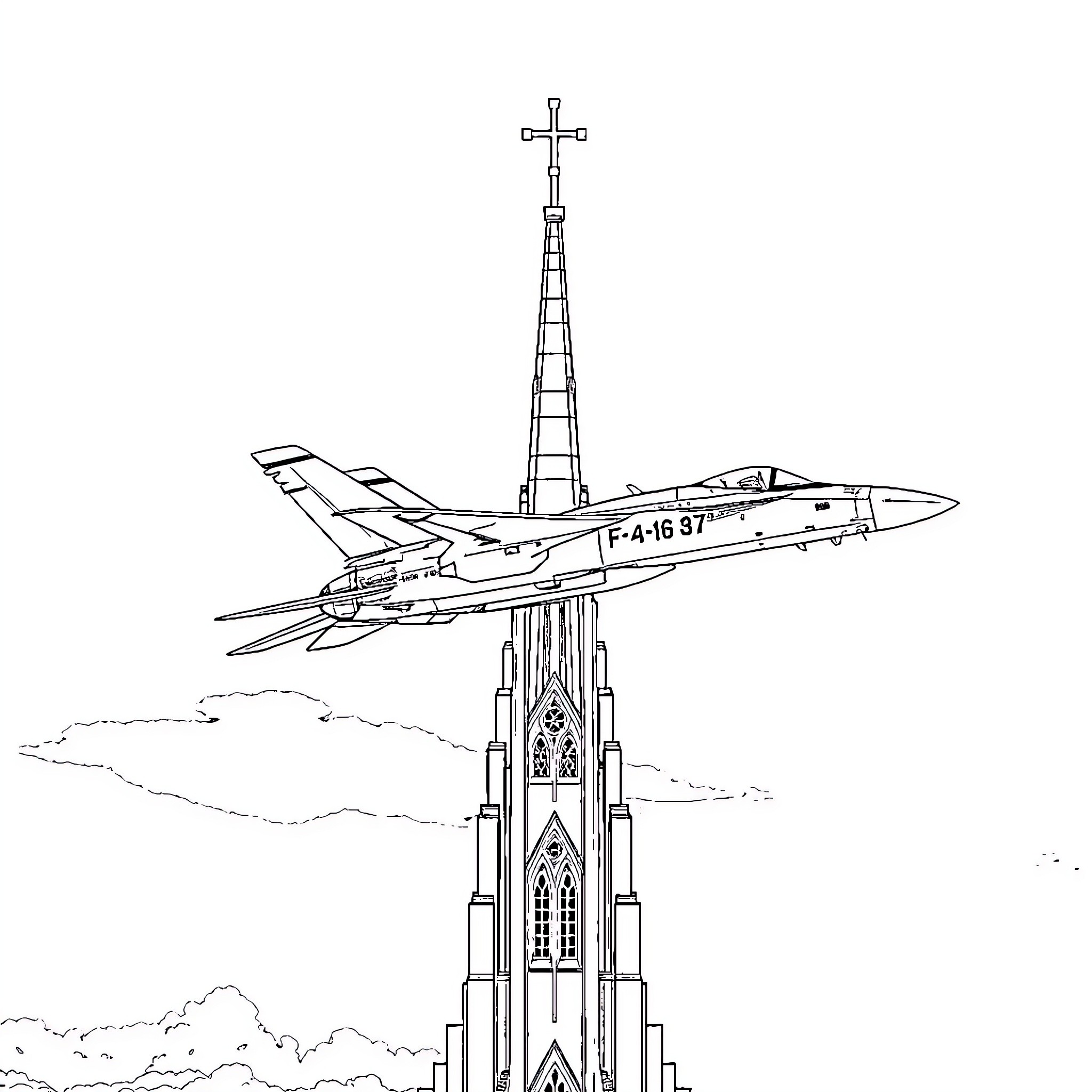 F/A-18 Fighter Jet Soaring Above Cathedral Spire Coloring Page (free black-and-white line drawing printable PDF for all, from beginners to advanced learners, including children, teens, adults, and seniors)