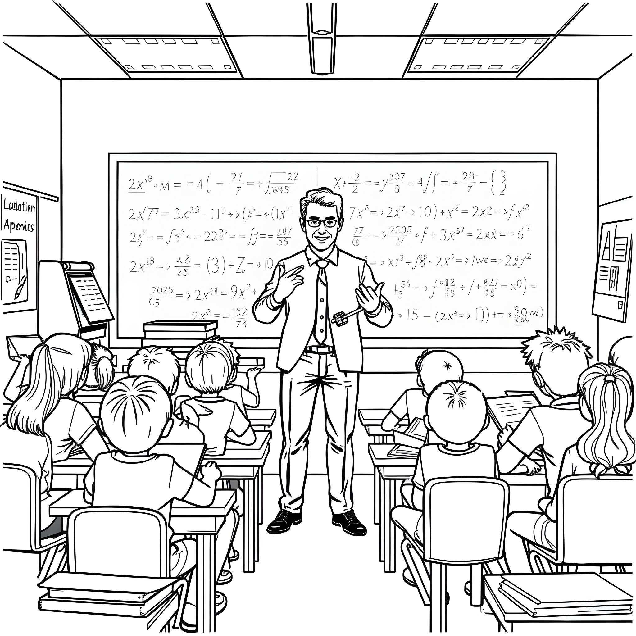 Teacher Explaining Math Concepts to Students in Classroom Coloring Page (free black-and-white line drawing printable PDF for all, from beginners to advanced learners, including children, teens, adults, and seniors)