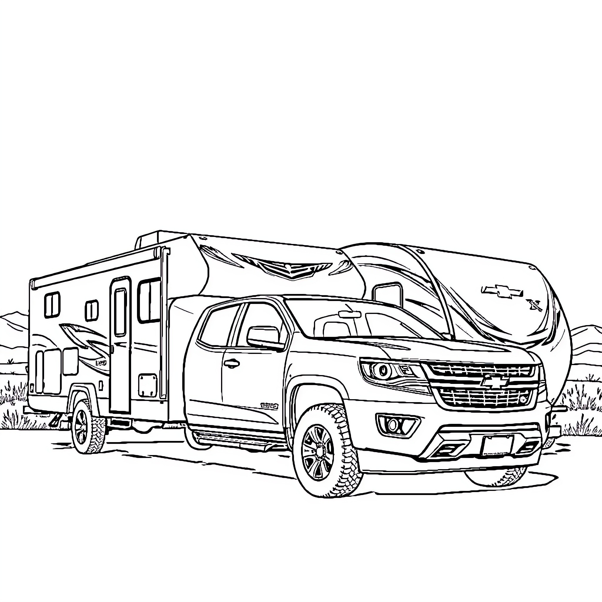 Chevy Colorado Truck Towing Recreational Trailer Coloring Page (free black-and-white line drawing printable PDF for all, from beginners to advanced learners, including children, teens, adults, and seniors)