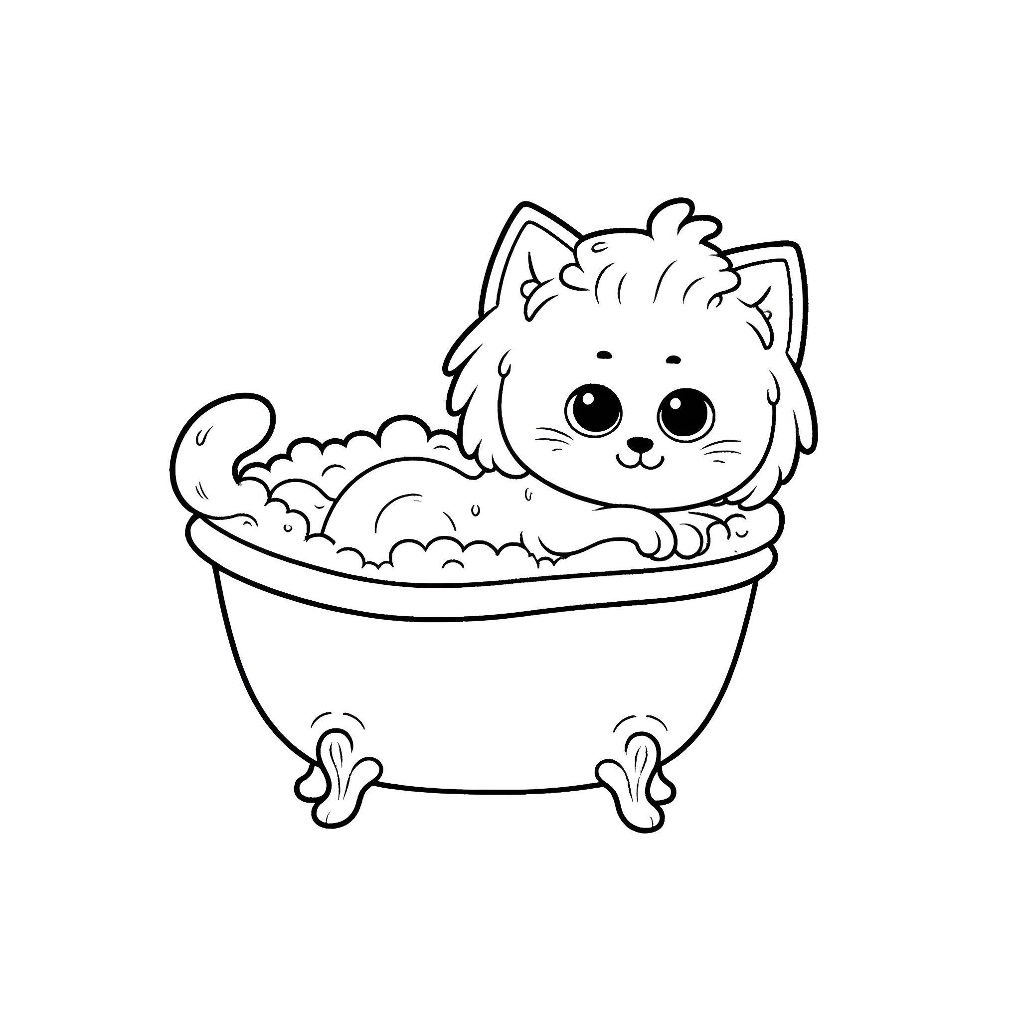 Kitten taking a bubbly bath Coloring Page (free black-and-white line drawing printable PDF for all, from beginners to advanced learners, including children, teens, adults, and seniors)