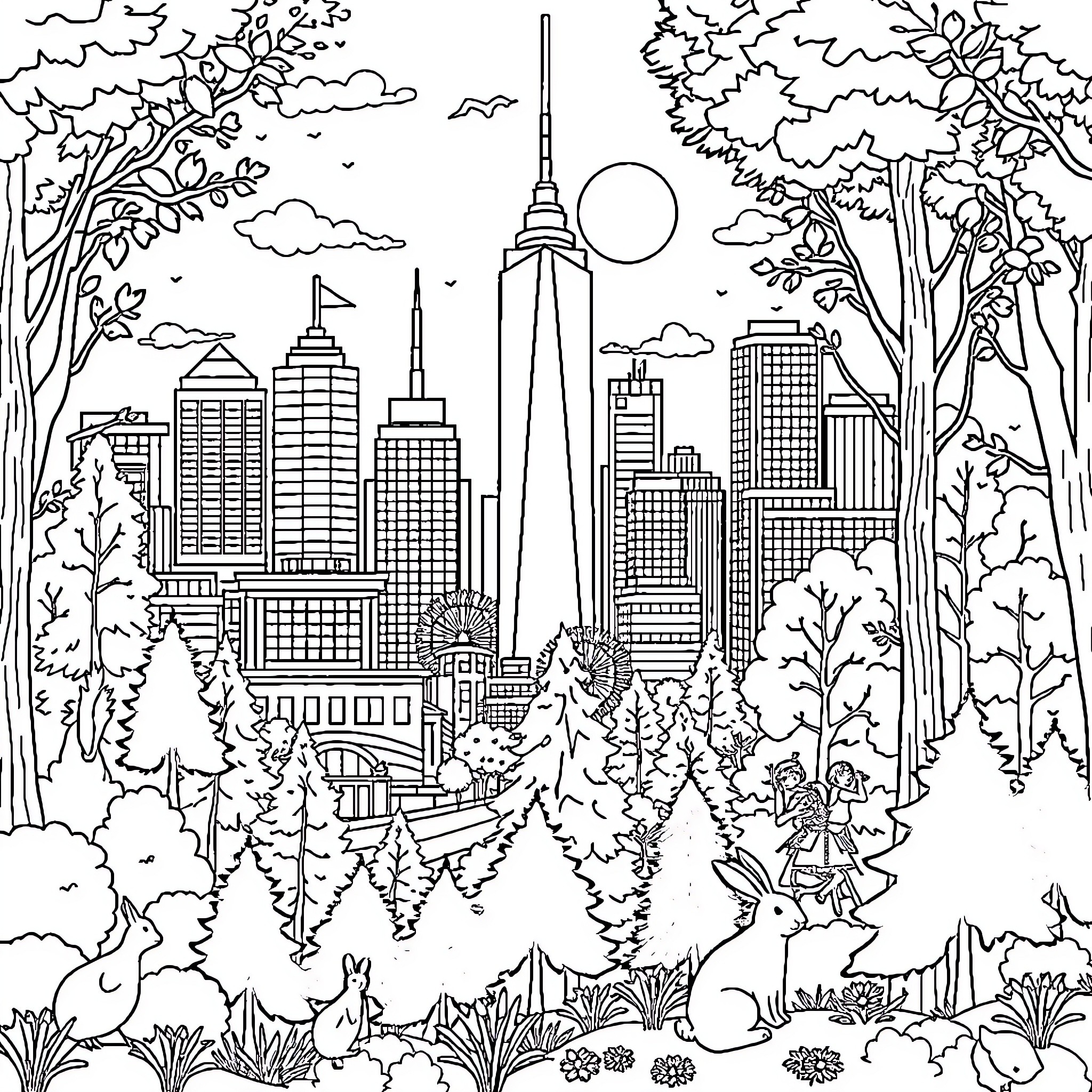 Animal forest and cityscape coexisting in harmony Coloring Page (free black-and-white line drawing printable PDF for all, from beginners to advanced learners, including children, teens, adults, and seniors)