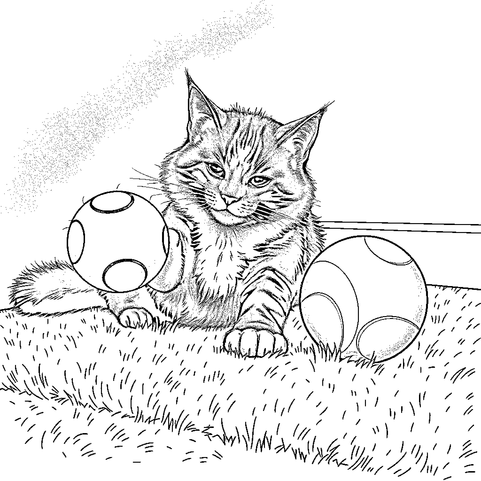 Maine Coon cat playing with toys in the grass Coloring Page (free black-and-white line drawing printable PDF for all, from beginners to advanced learners, including children, teens, adults, and seniors)