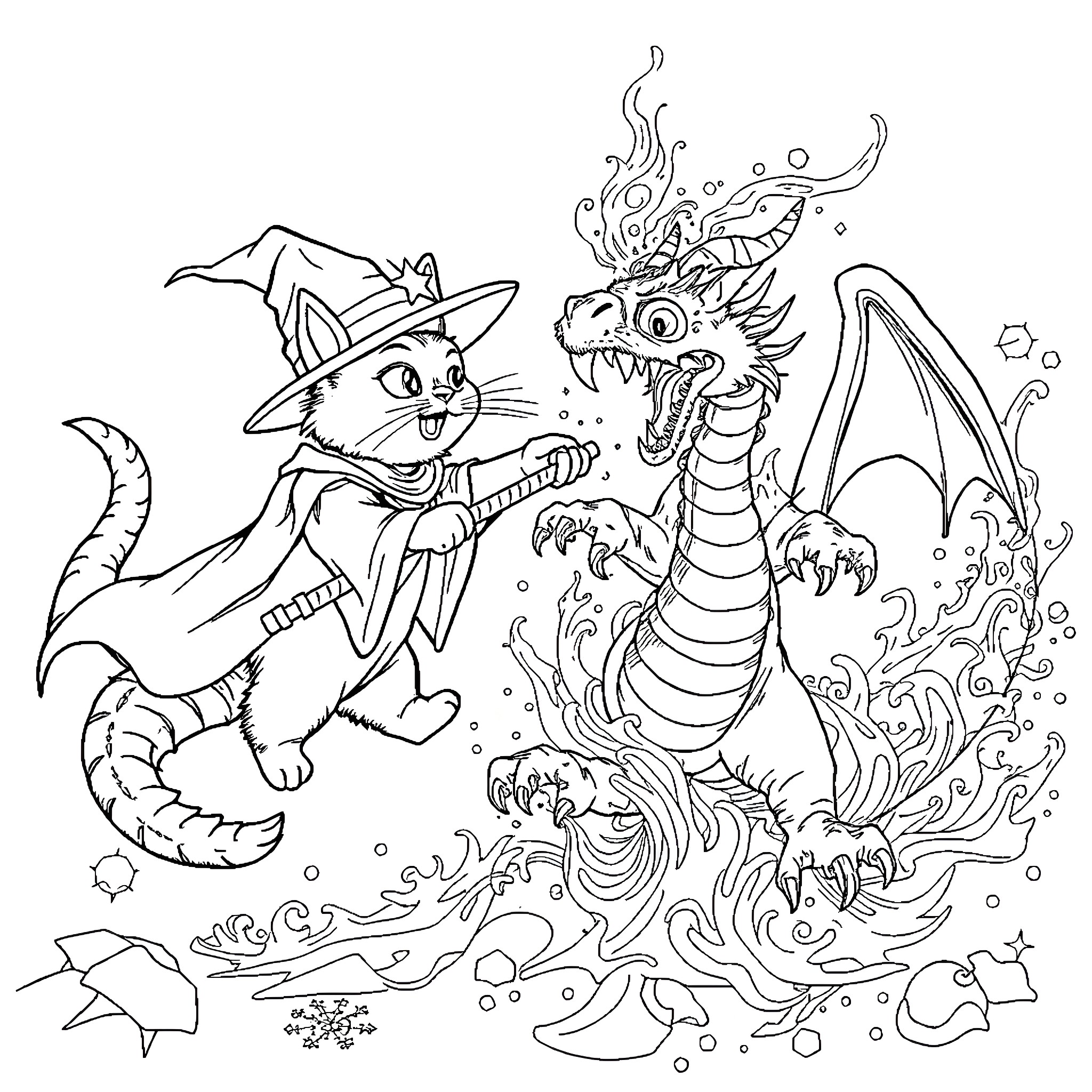 Wizard cat battles a ferocious dragon Coloring Page (free black-and-white line drawing printable PDF for all, from beginners to advanced learners, including children, teens, adults, and seniors)