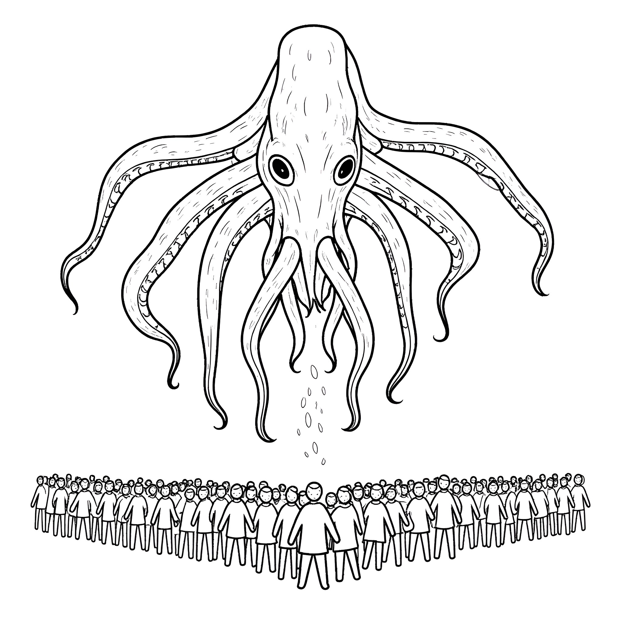 Cthulhu's Ominous Presence Looms over the Gathered Masses Coloring Page (free black-and-white line drawing printable PDF for all, from beginners to advanced learners, including children, teens, adults, and seniors)