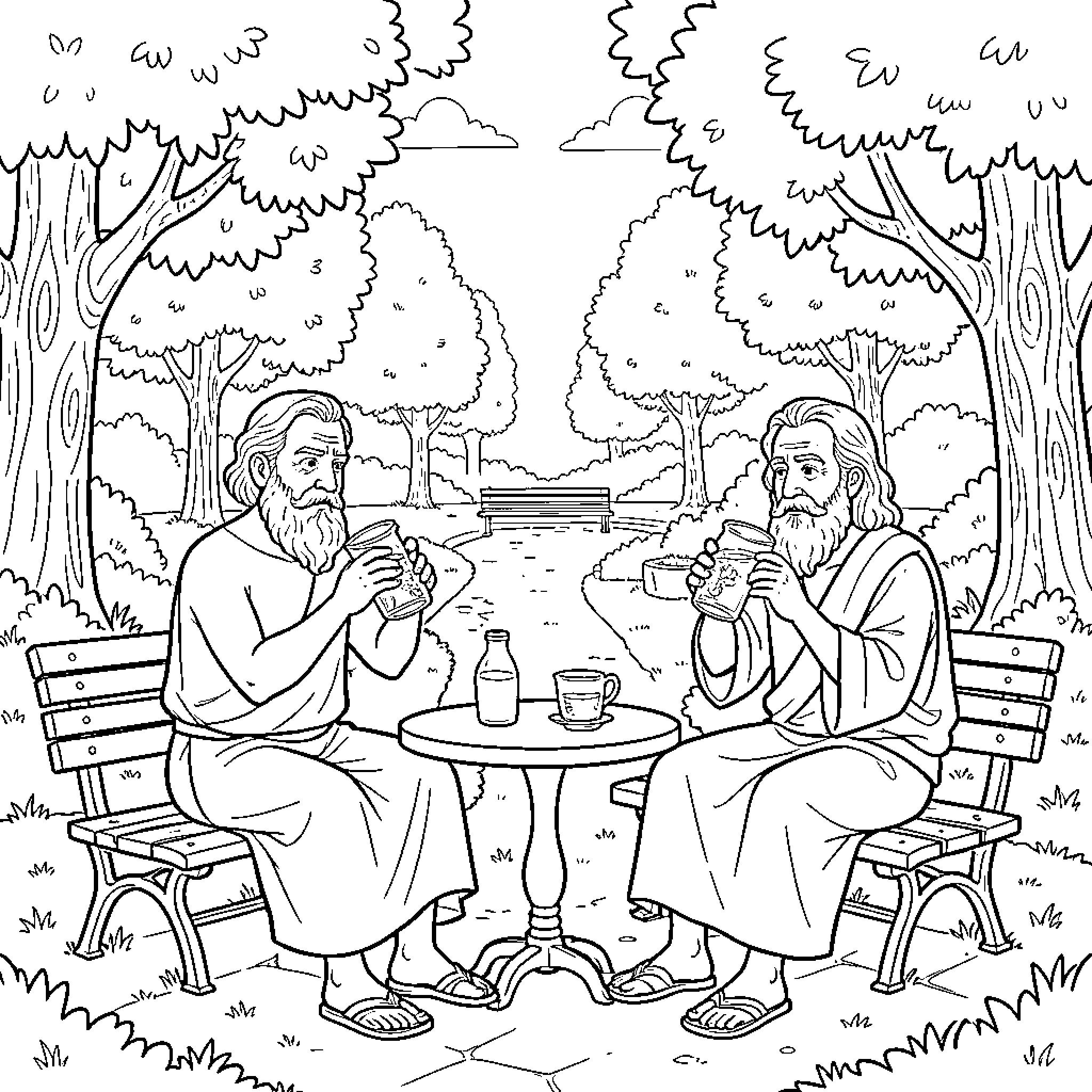 HERMÓGENES: Two Philosophers Discussing in the Park Coloring Page (free black-and-white line drawing printable PDF for all, from beginners to advanced learners, including children, teens, adults, and seniors)