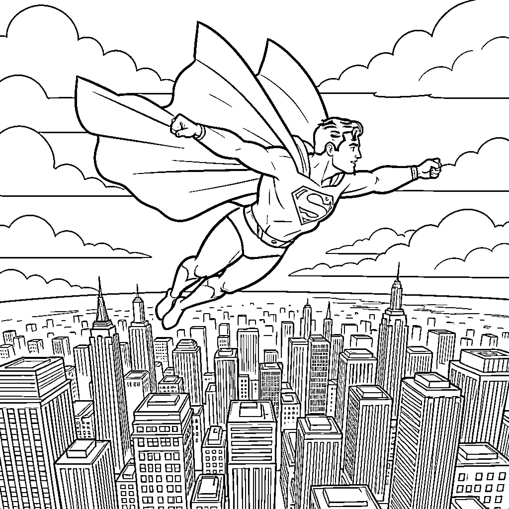 Superman flying heroically above a bustling cityscape Coloring Page (free black-and-white line drawing printable PDF for all, from beginners to advanced learners, including children, teens, adults, and seniors)