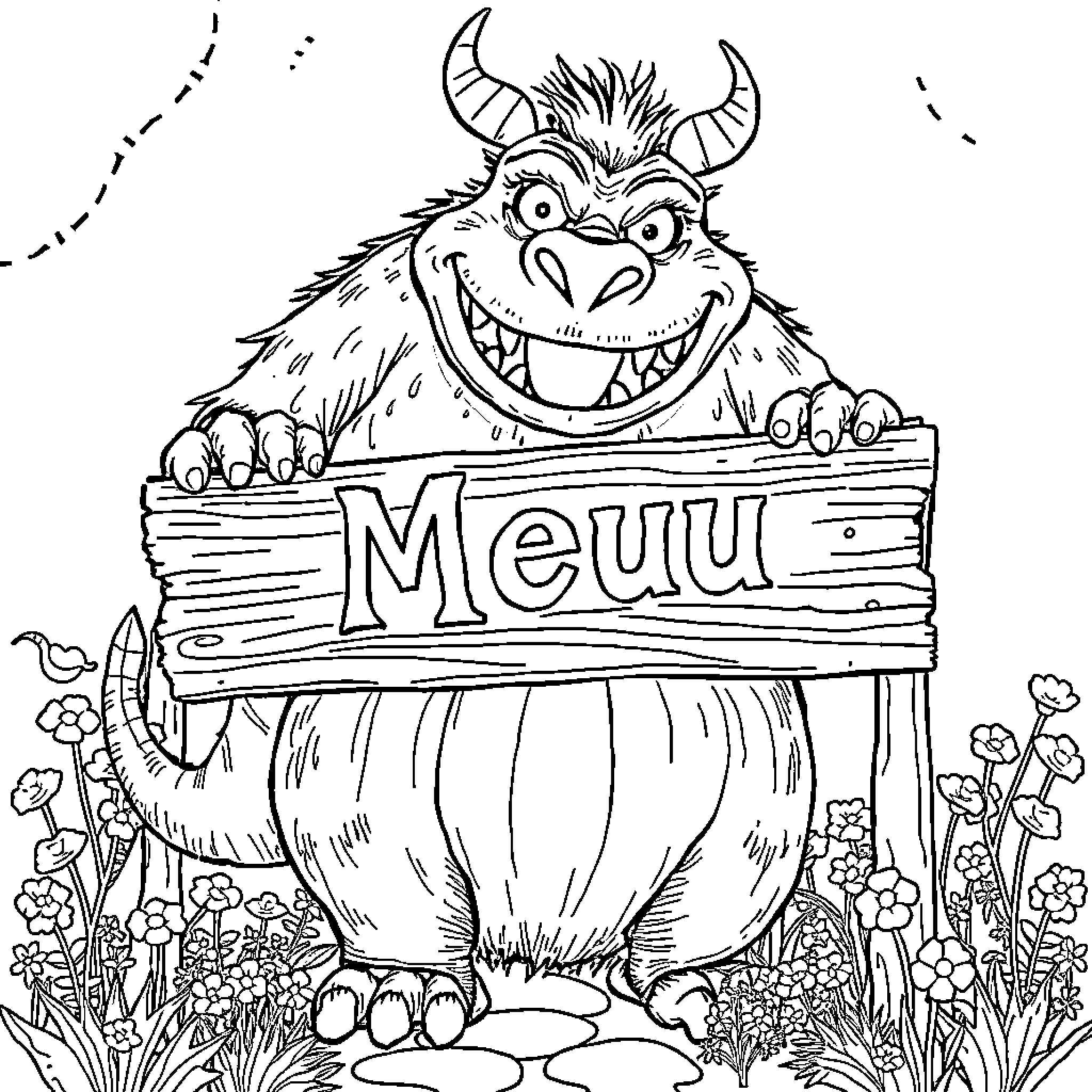 Monster Delivering a Playful Wooden Sign Coloring Page (free black-and-white line drawing printable PDF for all, from beginners to advanced learners, including children, teens, adults, and seniors)