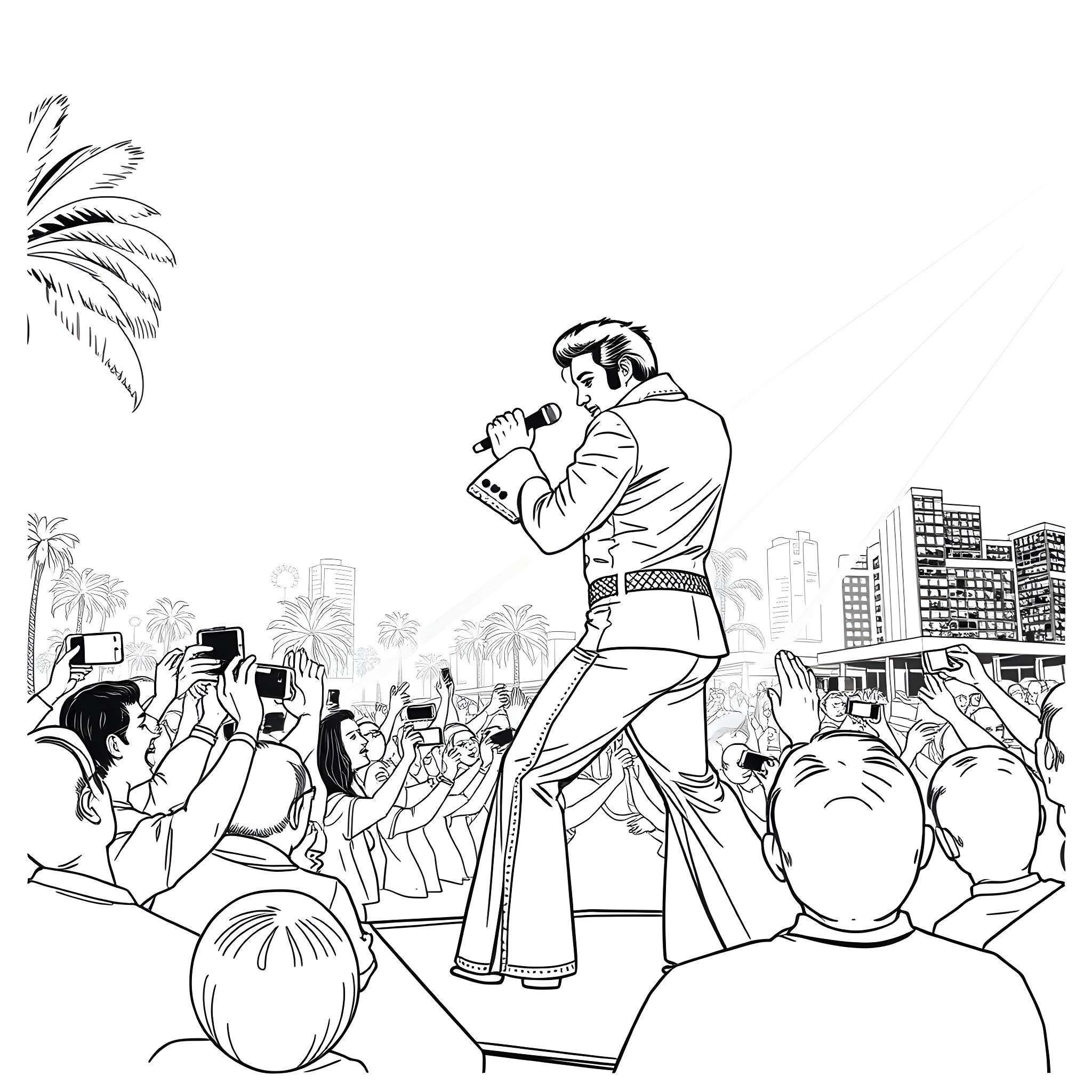 Elvis Presley performing on stage before adoring fans Coloring Page (free black-and-white line drawing printable PDF for all, from beginners to advanced learners, including children, teens, adults, and seniors)