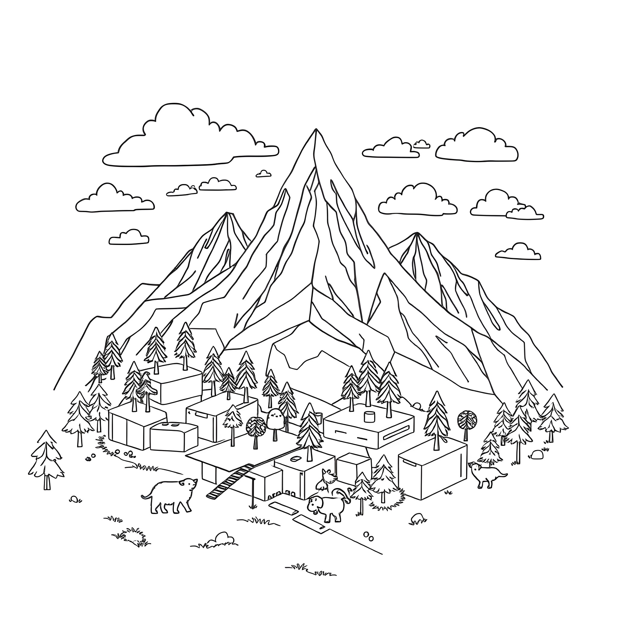 Cube Village in the Mountainous Landscape Coloring Page (free black-and-white line drawing printable PDF for all, from beginners to advanced learners, including children, teens, adults, and seniors)
