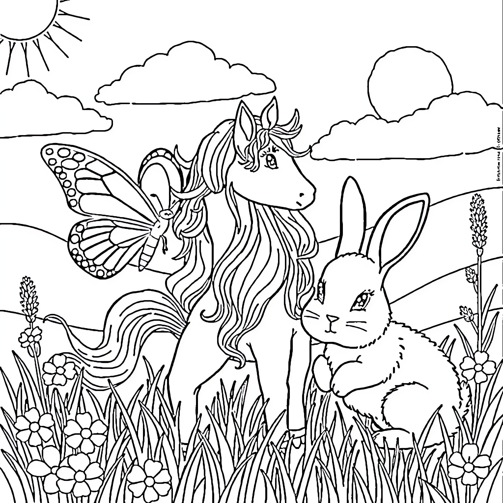 Butterfly creature with fantastical horse-like features in meadow Coloring Page (free black-and-white line drawing printable PDF for all, from beginners to advanced learners, including children, teens, adults, and seniors)