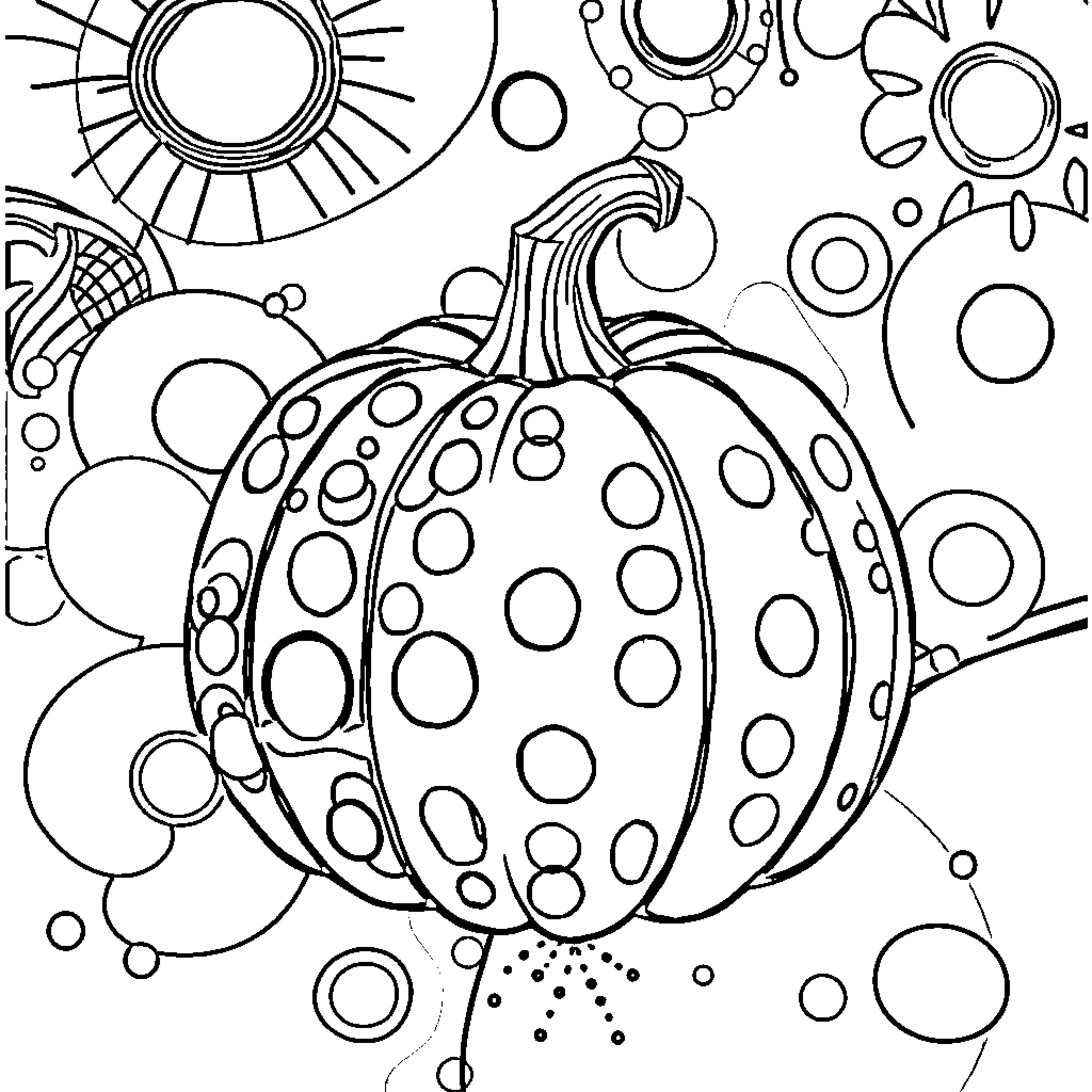 Pumpkin with Psychedelic Patterns Coloring Page (free black-and-white line drawing printable PDF for all, from beginners to advanced learners, including children, teens, adults, and seniors)