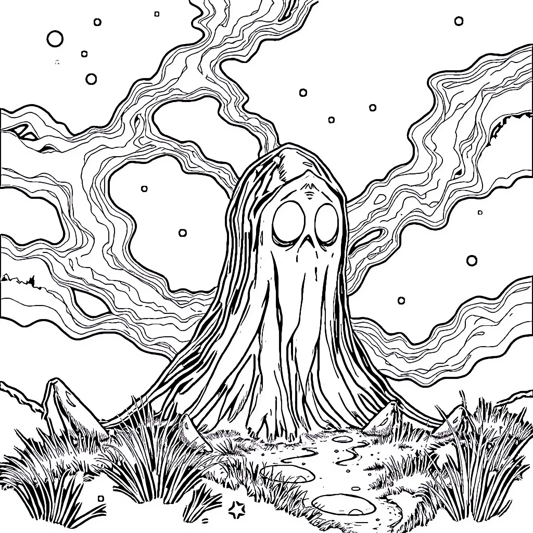 Anomali Ghostly Apparition in Surreal Landscape Coloring Page (free black-and-white line drawing printable PDF for all, from beginners to advanced learners, including children, teens, adults, and seniors)