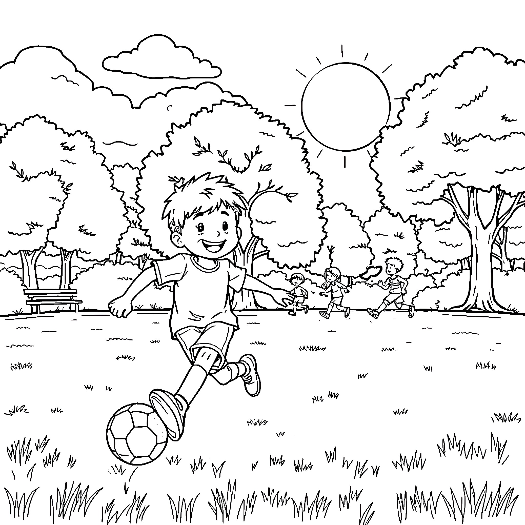 Kid playing with soccer ball in the park Coloring Page (free black-and-white line drawing printable PDF for all, from beginners to advanced learners, including children, teens, adults, and seniors)