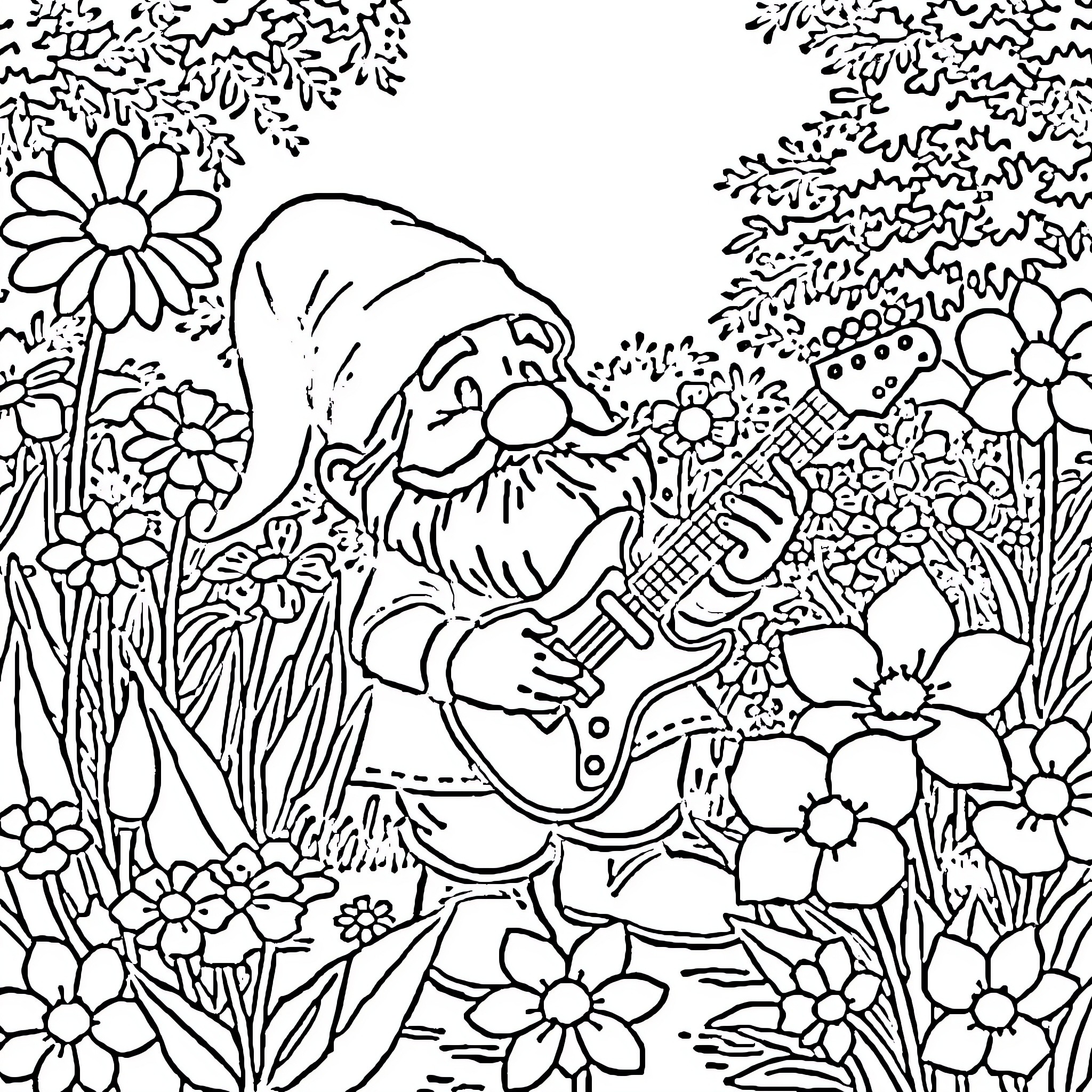 Garden Gnome Playing the Guitar in a Floral Scene Coloring Page (free black-and-white line drawing printable PDF for all, from beginners to advanced learners, including children, teens, adults, and seniors)