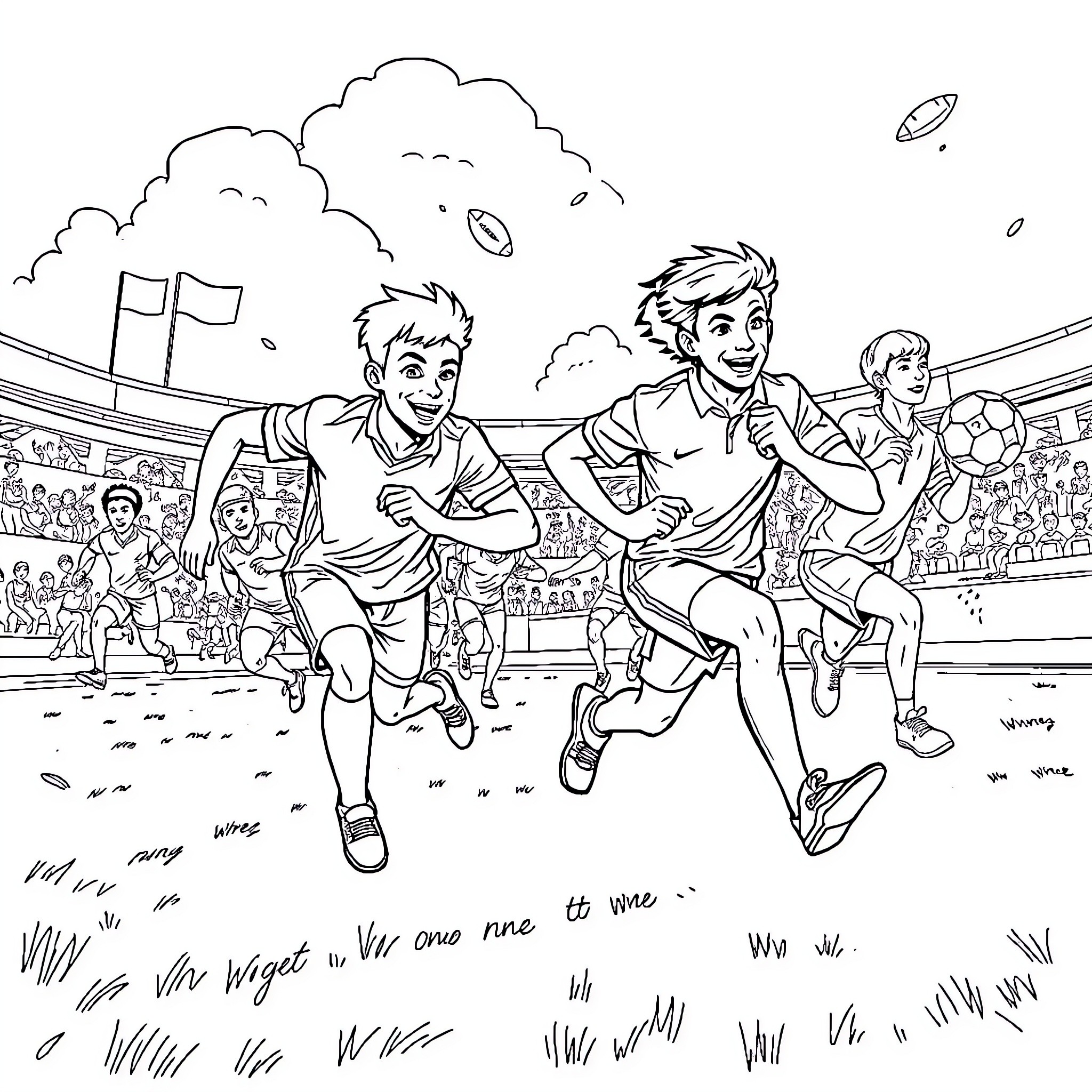 Sport Players Compete in Intense Football Match Coloring Page (free black-and-white line drawing printable PDF for all, from beginners to advanced learners, including children, teens, adults, and seniors)