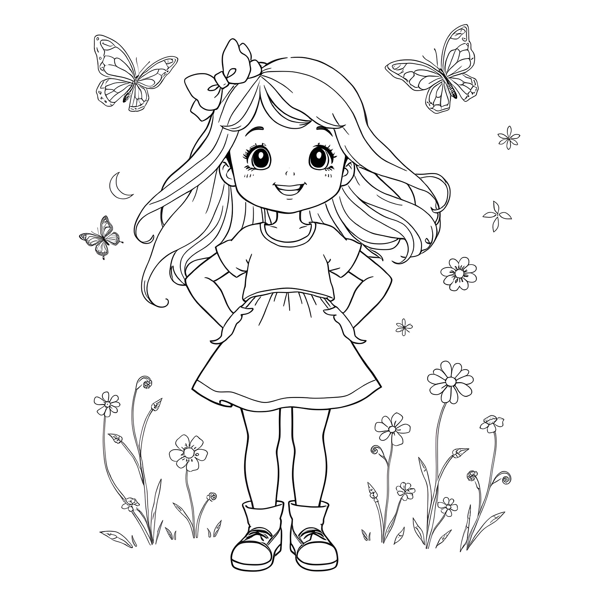 Girl surrounded by butterflies and flowers Coloring Page (free black-and-white line drawing printable PDF for all, from beginners to advanced learners, including children, teens, adults, and seniors)